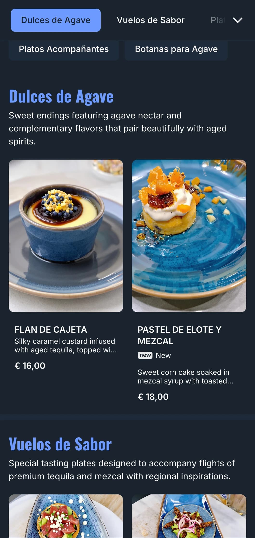 Sophisticated bar menu focused on premium tequila and mezcal offerings with blue agave accents, smoke elements, and paired Mexican antojitos.