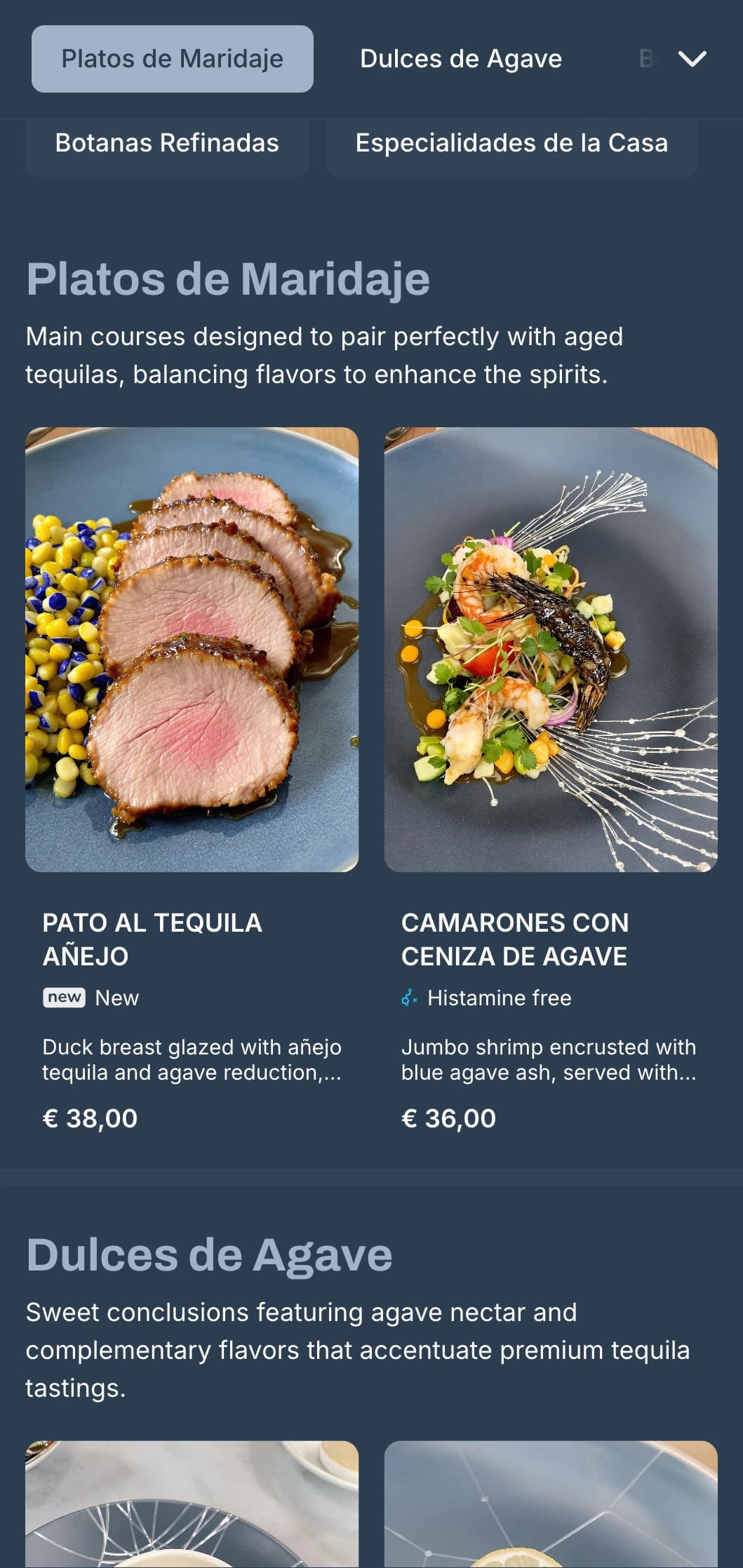 Elegant and refined tequila bar menu featuring silver and blue-gray tones, premium spirits, and sophisticated Mexican small plates.