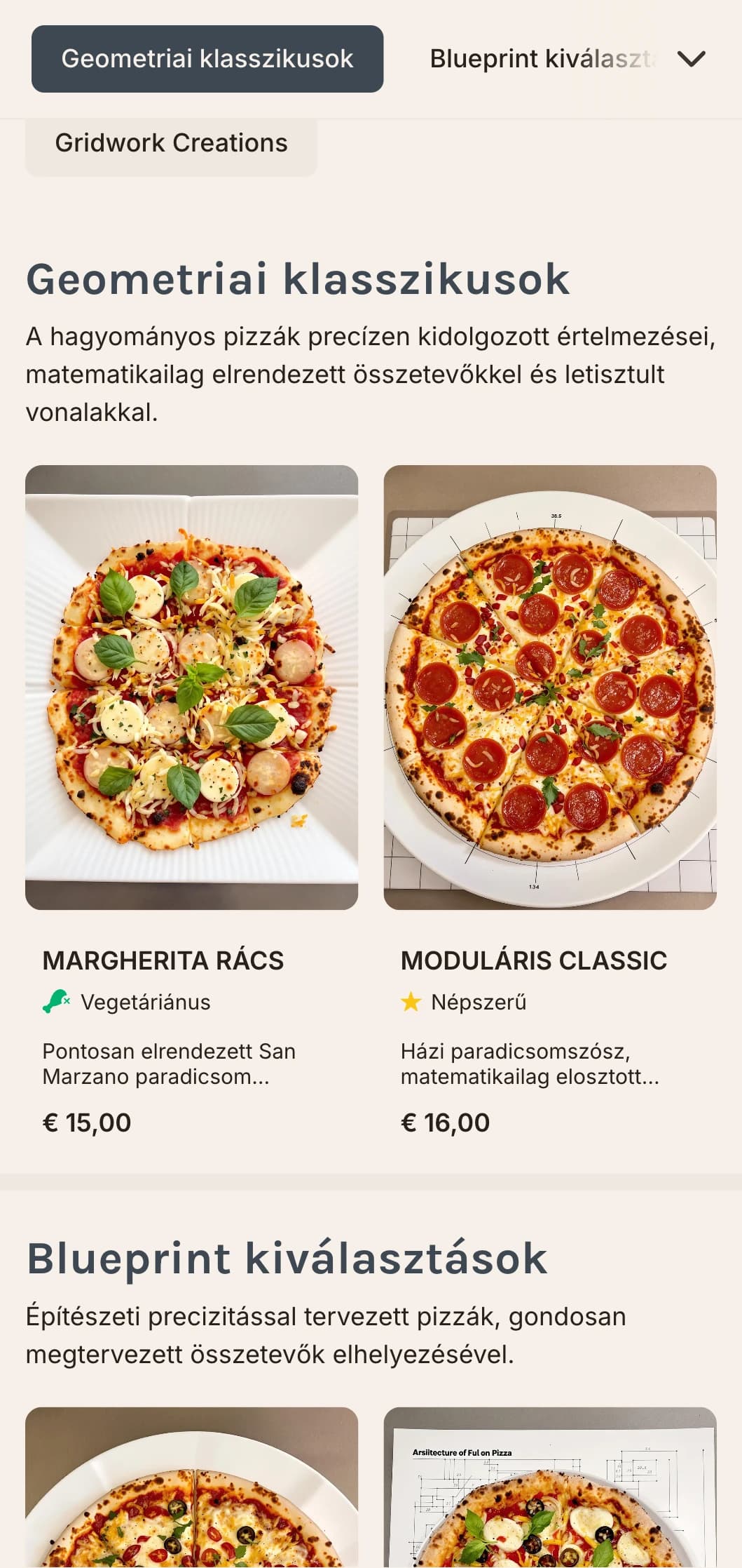 Geometrikus modern pizza menü rácsos elrendezéssel és pontos tervezési elemekkel.