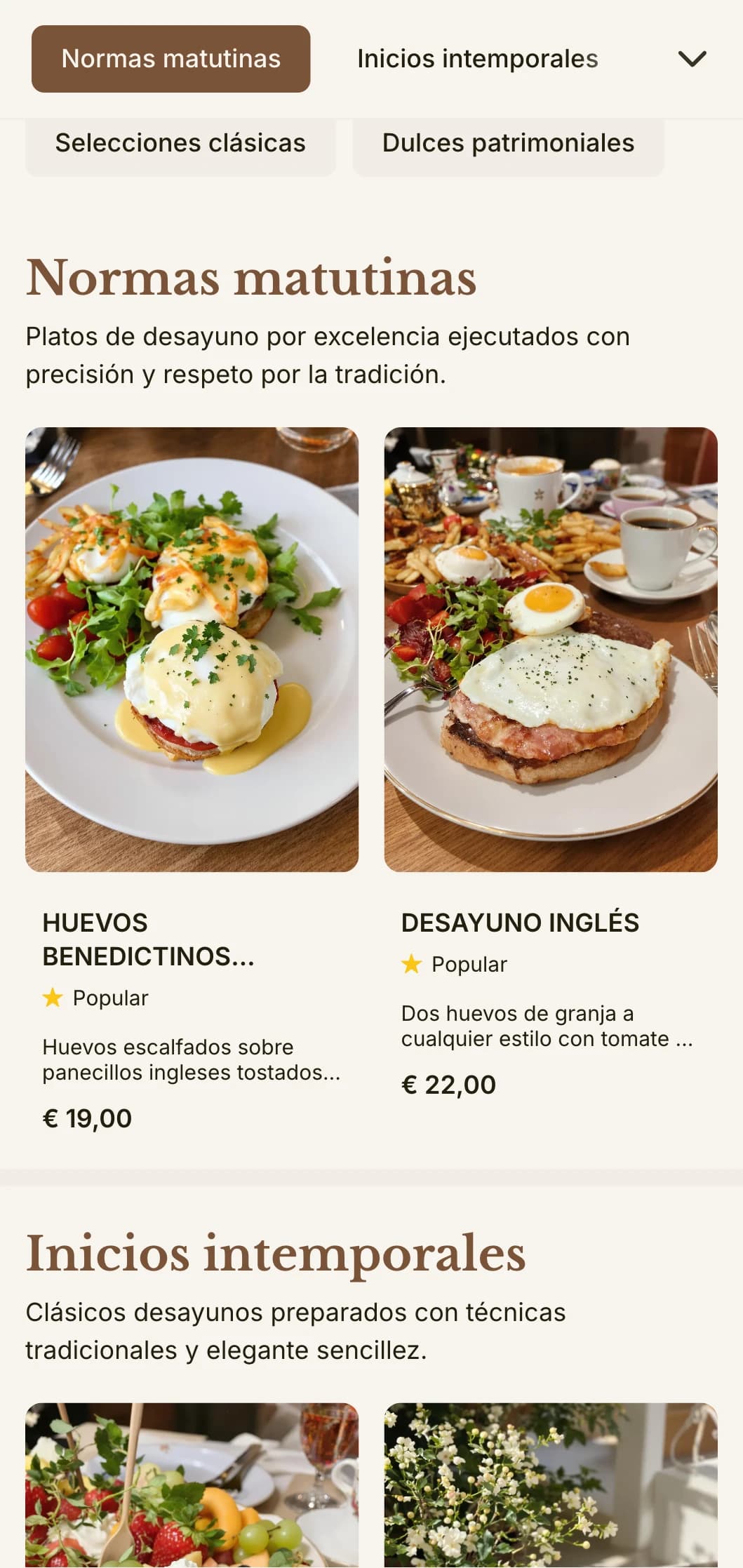 Desayunos atemporales preparados con precisión y esmero, presentados de forma elegante y tradicional.