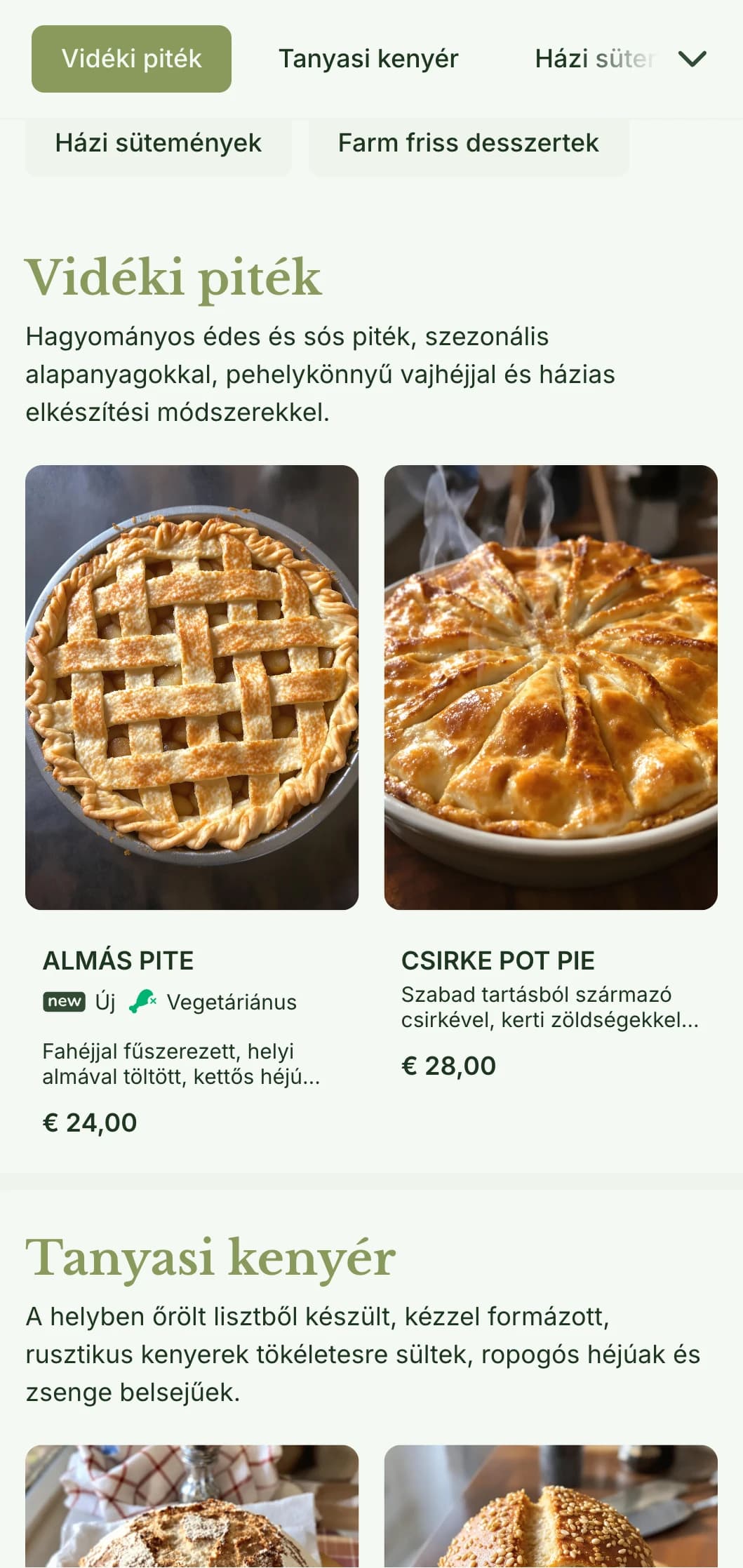 Otthonos, vidéki pékségek menüjének kialakítása meleg zöld tónusokkal és hagyományos tipográfiával, tökéletes a farmtól az asztalig pékségek és házias hangulatú üzletek számára.