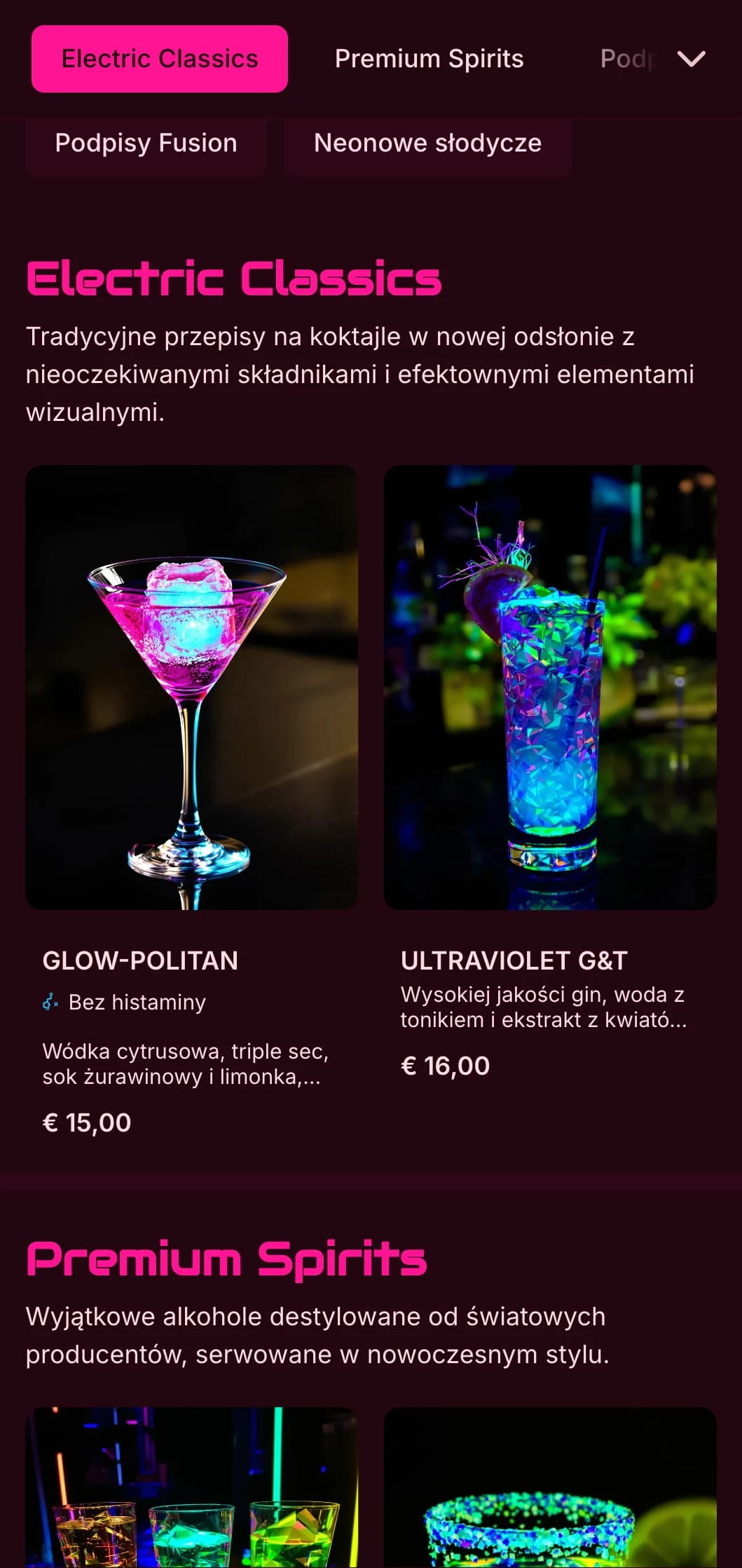 Odważny, żywy projekt dla współczesnych barów koktajlowych i klubów nocnych z neonowymi kolorami i dynamiczną typografią.
