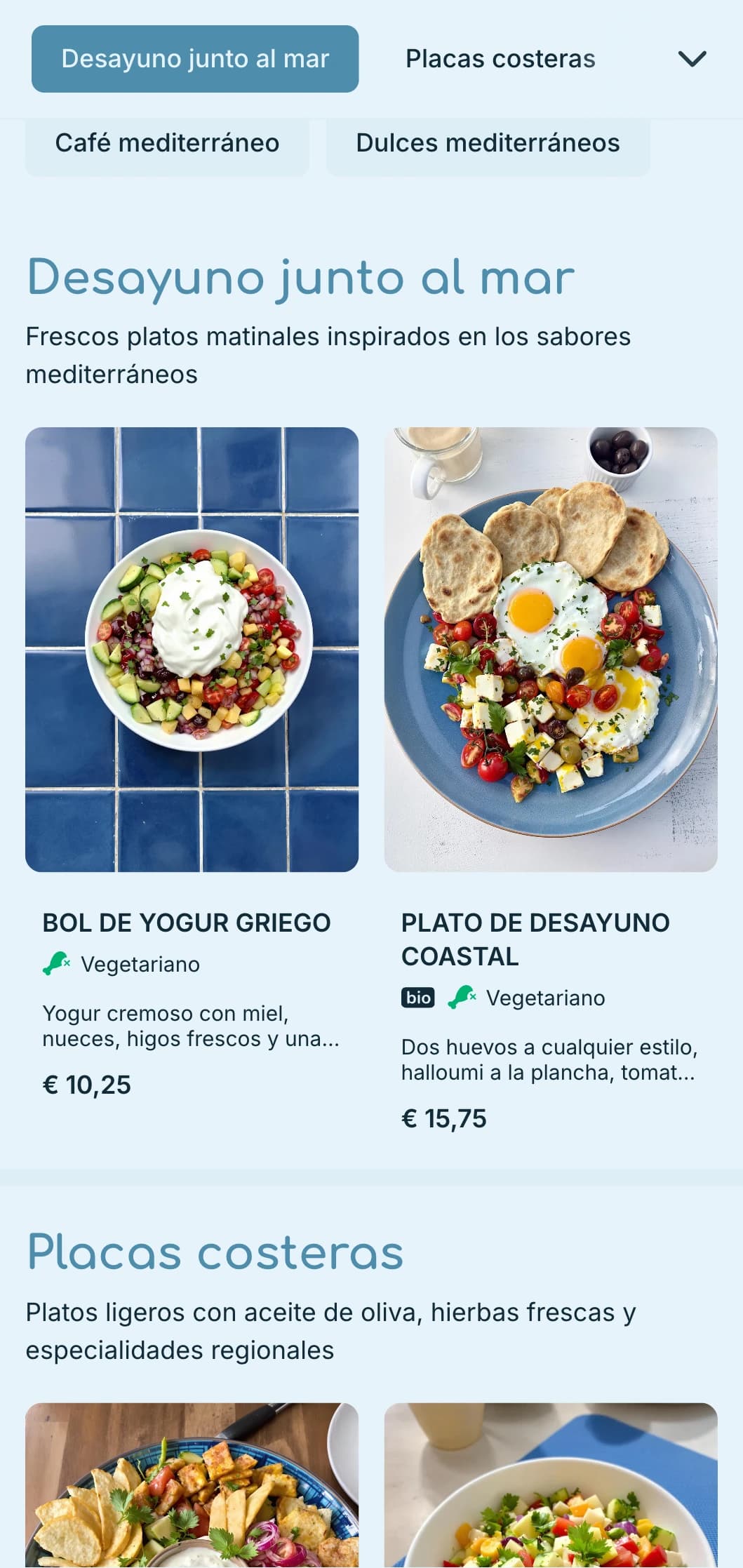 Refrescante paleta de azules inspirada en las aguas del Mediterráneo para cafeterías y bares costeros.