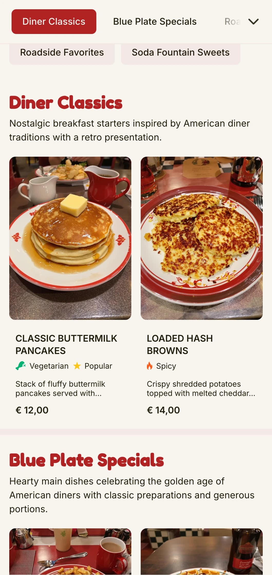 Retro-inspired brunch template with classic American diner aesthetics, ideal for nostalgic breakfast establishments.