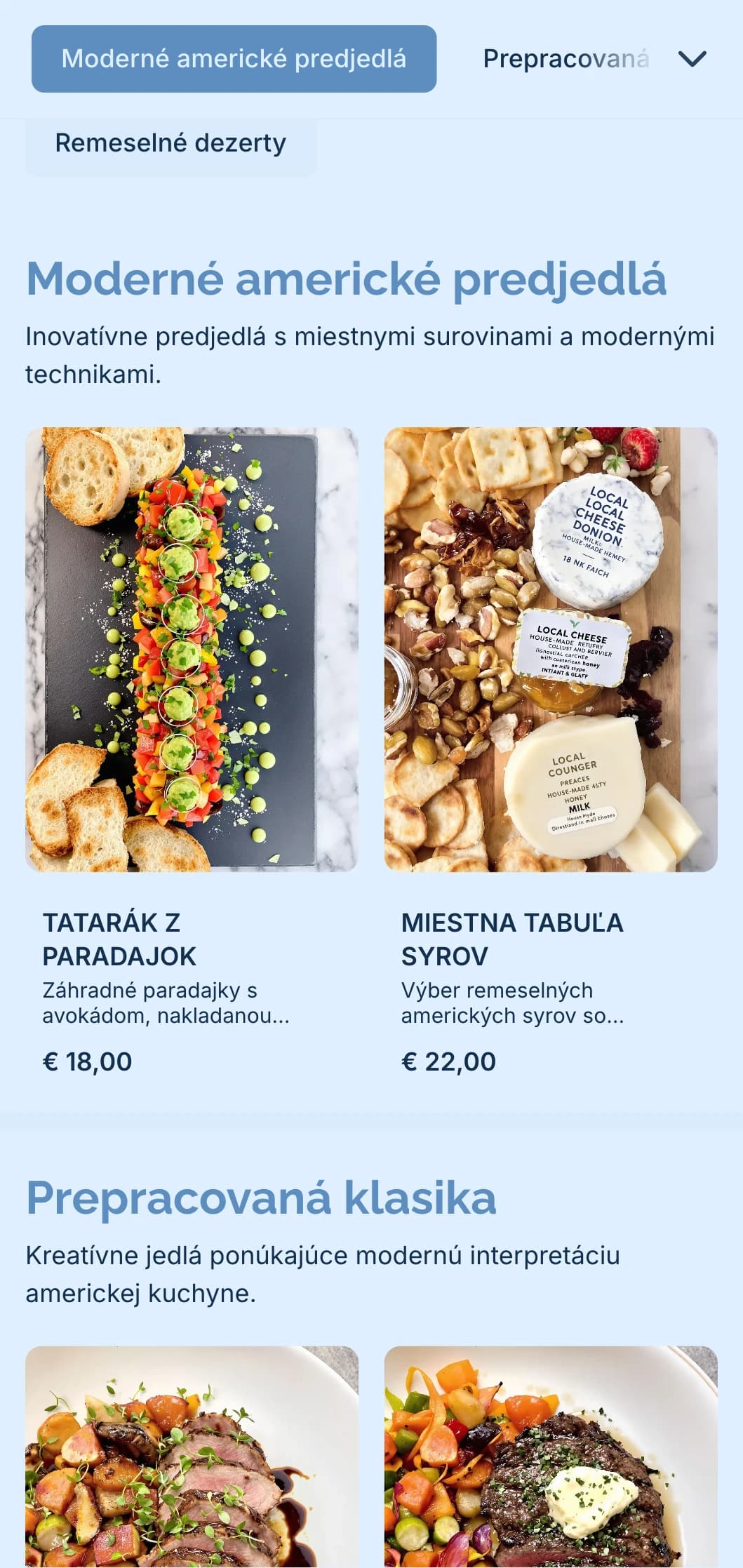 Moderný catering inšpirovaný americkou kuchyňou s miestnymi surovinami, inovatívnymi technikami a modernou prezentáciou na sofistikované podujatia.