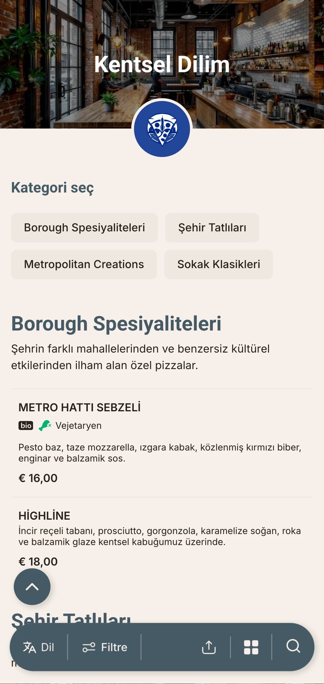 Şehir merkezindeki pizzacılar için mükemmel, endüstriyel tasarım unsurlarına sahip kentsel çağdaş pizza menüsü.