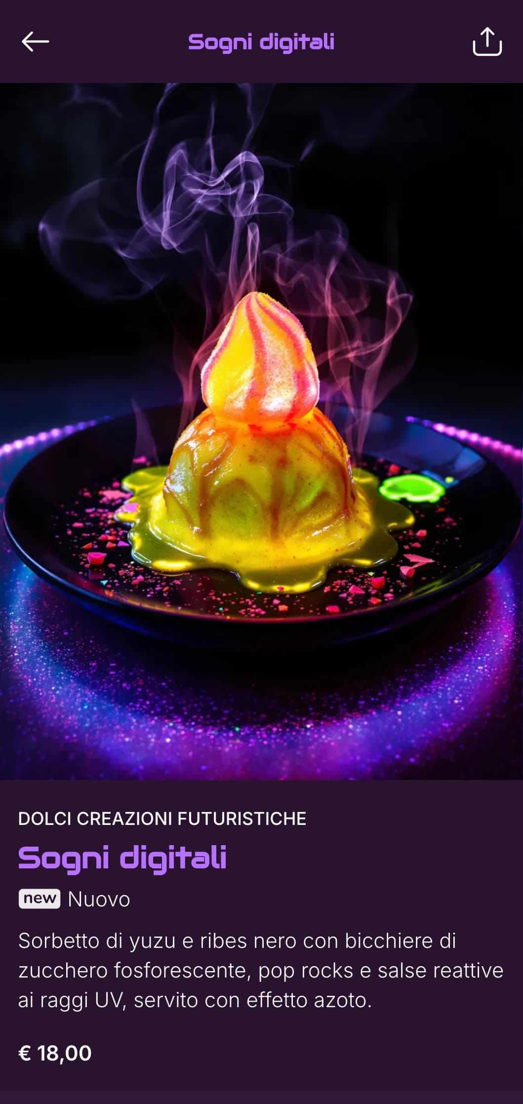 Menu sushi fusion ultramoderno con vibranti accenti neon viola su sfondi profondi per i locali notturni di tendenza.