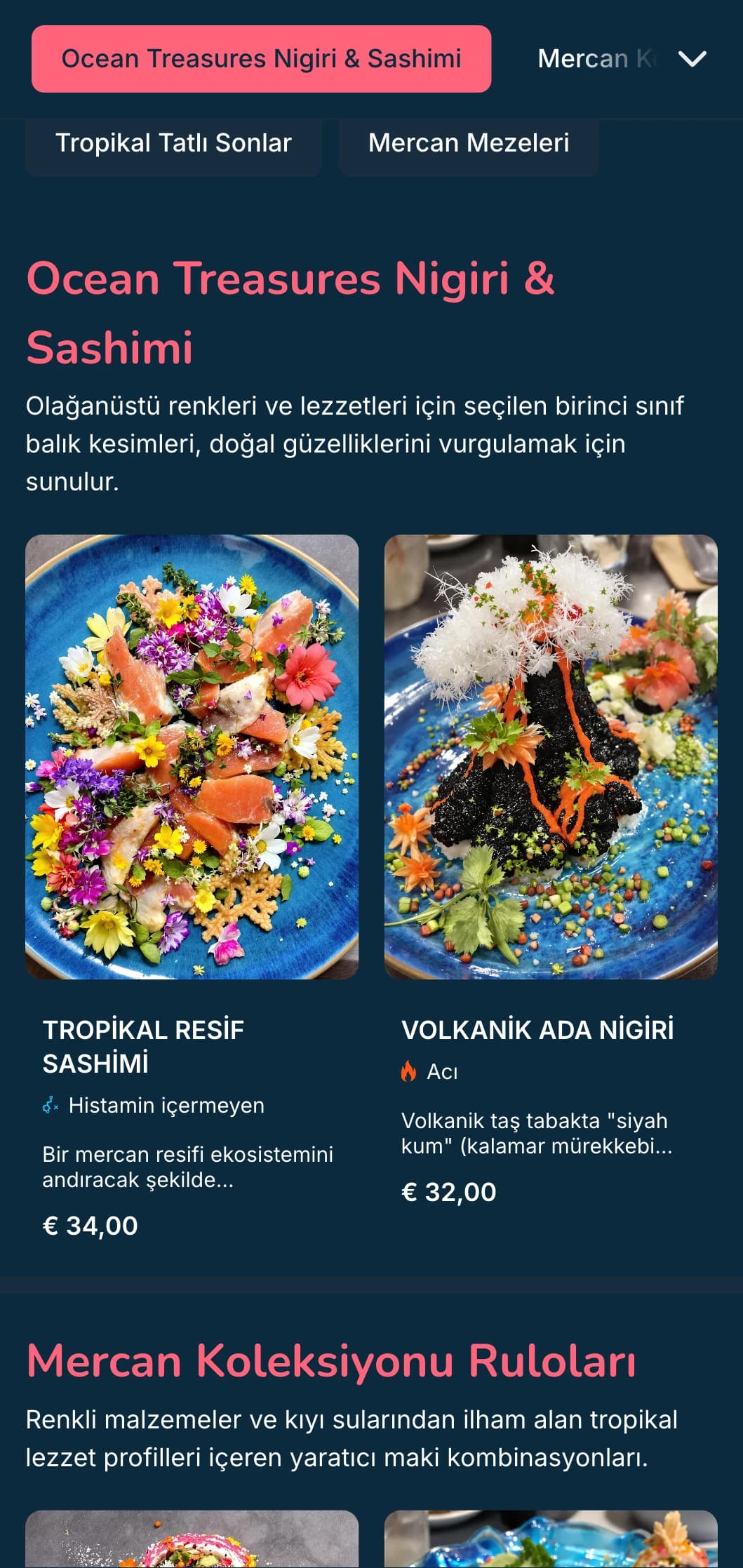 Deniz ürünleri uzmanları için mükemmel, koyu mavi arka plana karşı mercan pembesi vurgular içeren canlı okyanus esintili suşi menüsü.