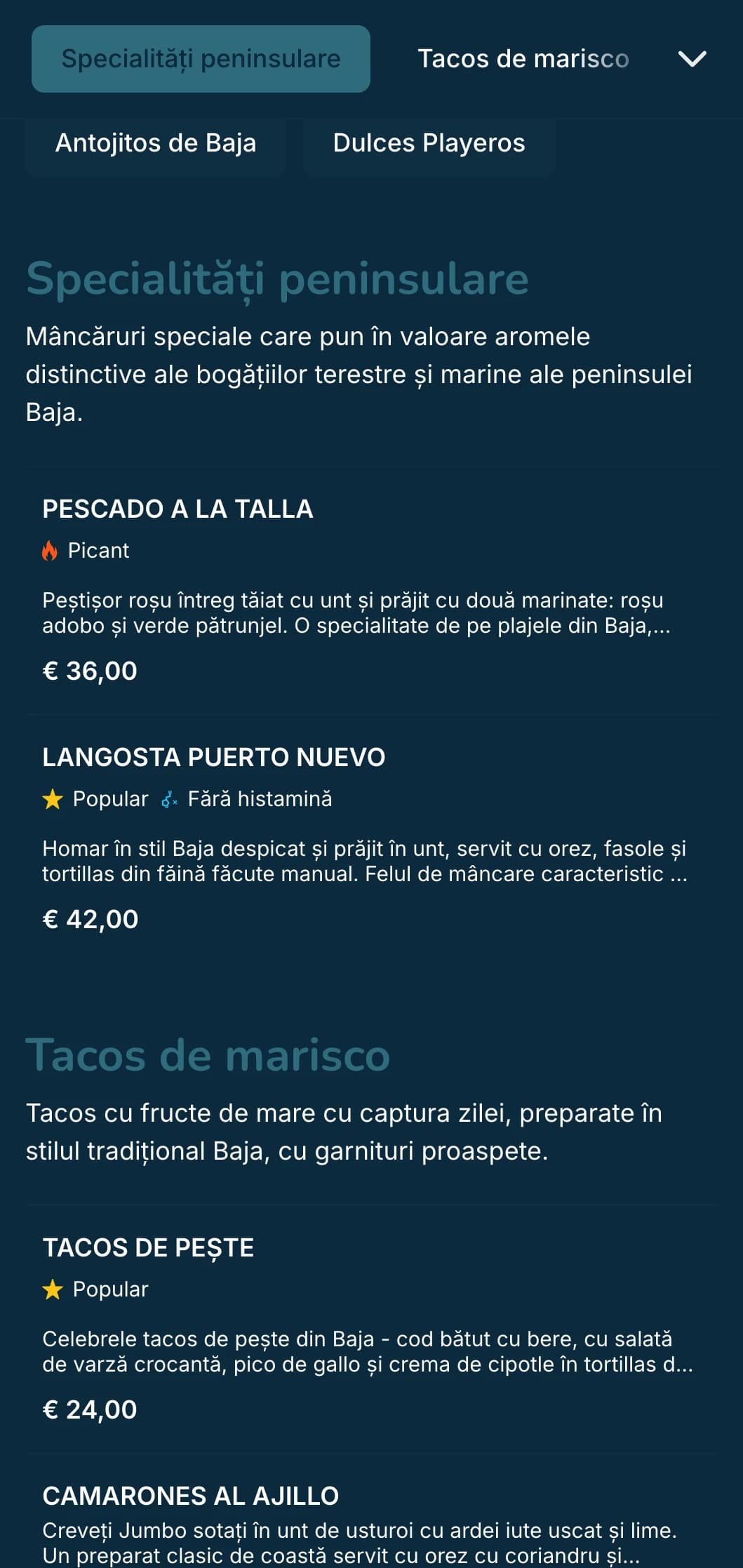 Meniu ușor și răcoritor inspirat din Baja, cu tacos cu fructe de mare, ingrediente proaspete și accente albastre de coastă, cu o atmosferă modernă de plajă.