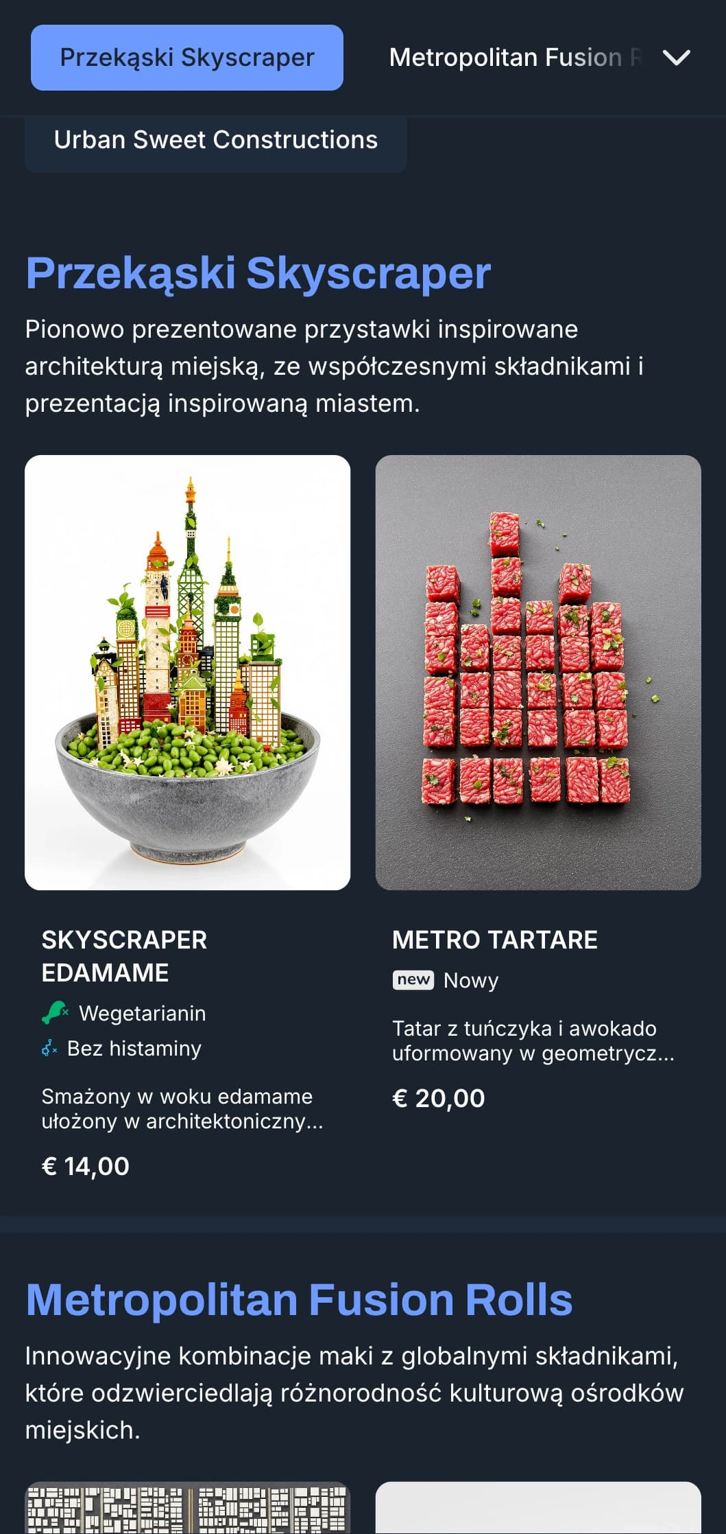 Współczesne menu sushi inspirowane miastem z chłodnymi niebieskimi odcieniami i miejskimi elementami wystroju dla modnych lokali.
