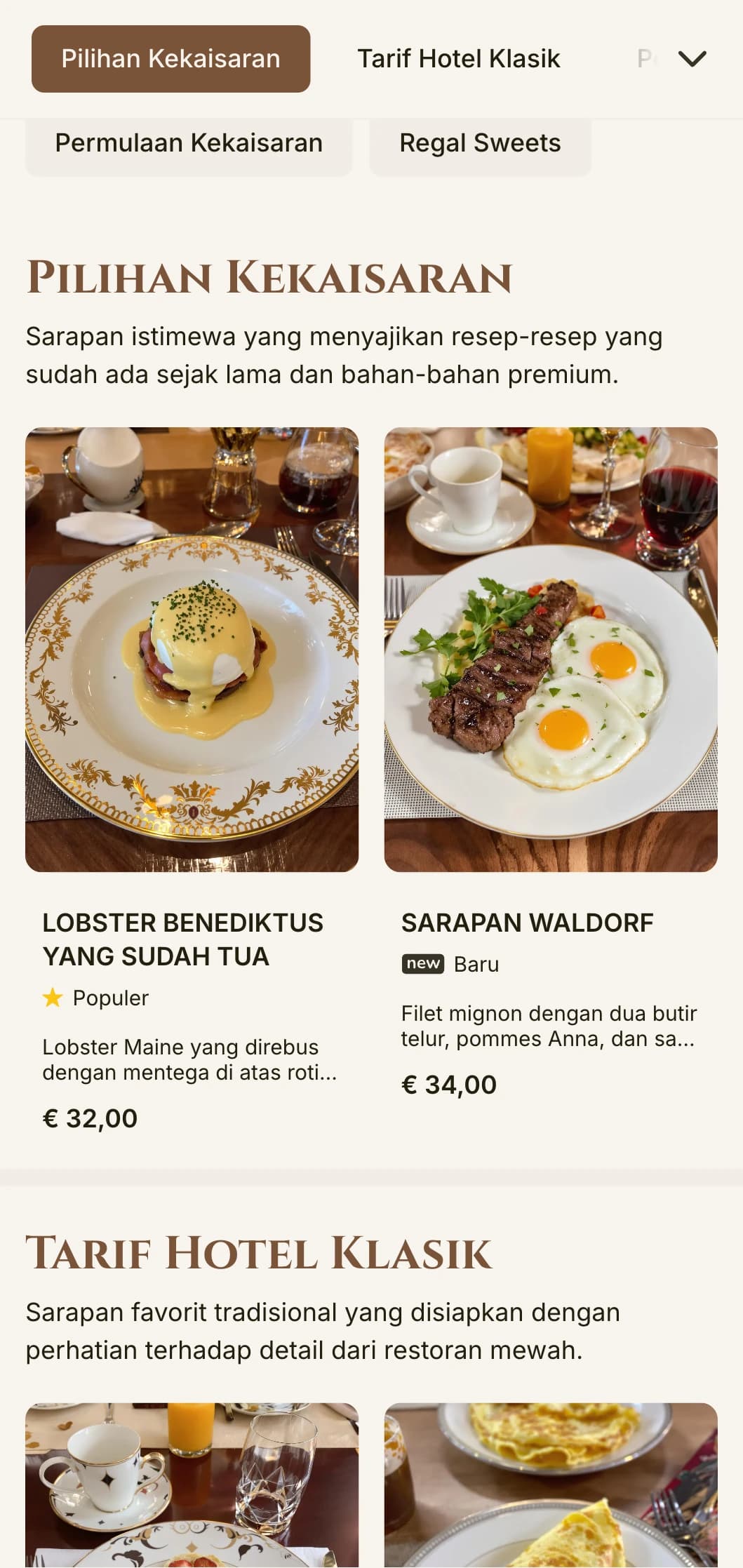 Pengalaman sarapan megah yang terinspirasi dari masa keemasan hotel-hotel mewah, disajikan dengan keanggunan formal.