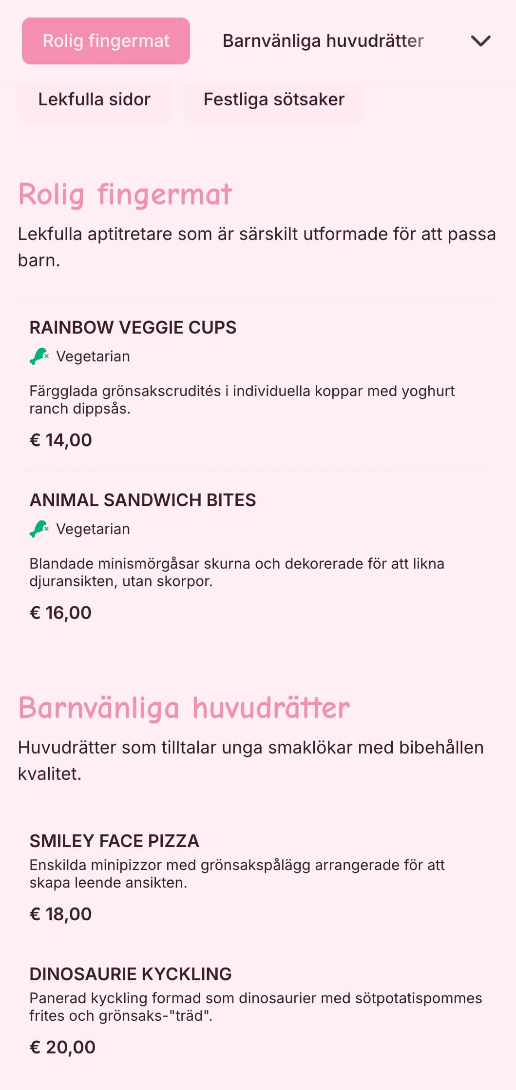 Rolig, färgglad catering som är särskilt utformad för barnevenemang med lekfull presentation, barnvänliga alternativ och interaktiva matstationer.
