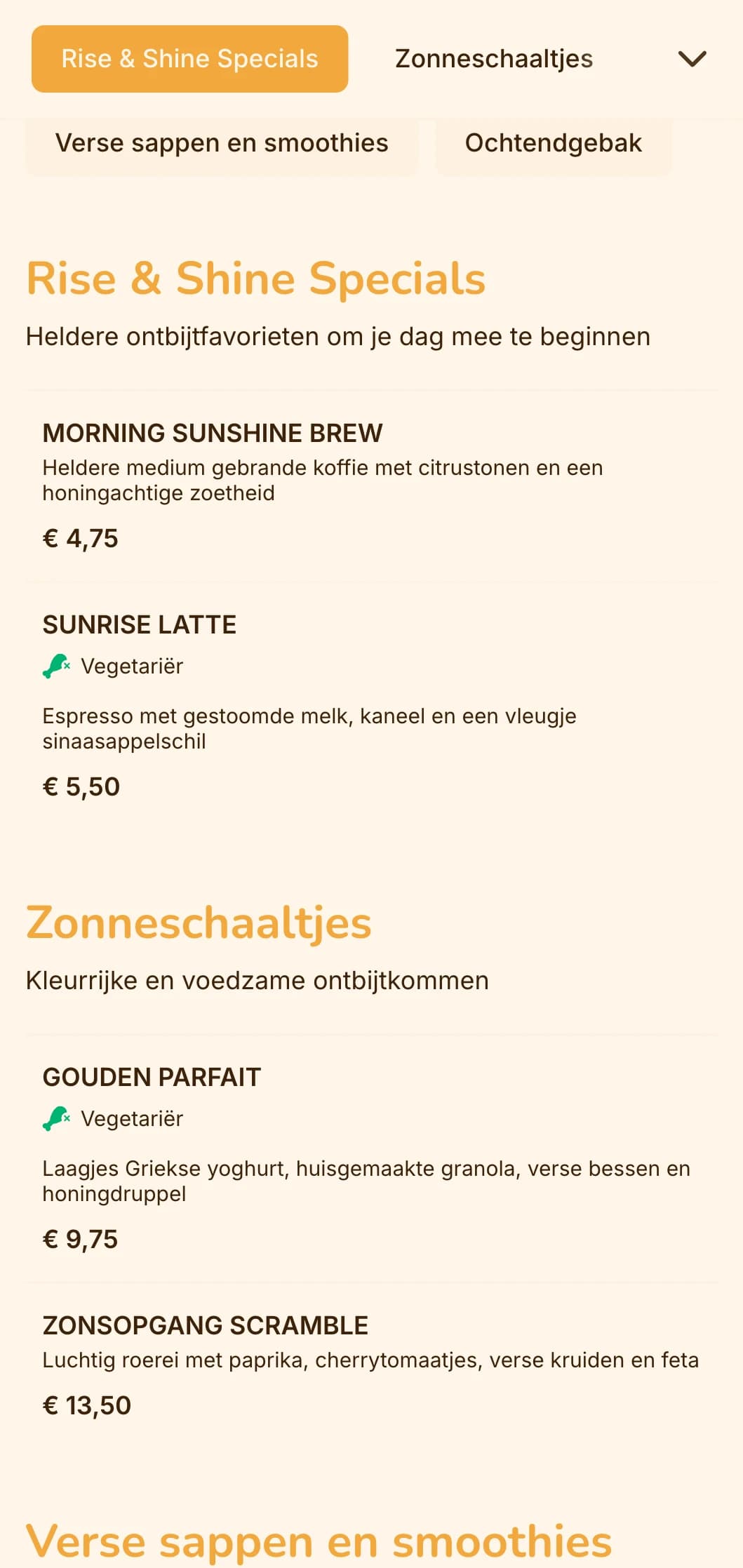 Vrolijk geel en oranje ontwerp met zonnige elementen voor ontbijtrestaurants en brunchgelegenheden.