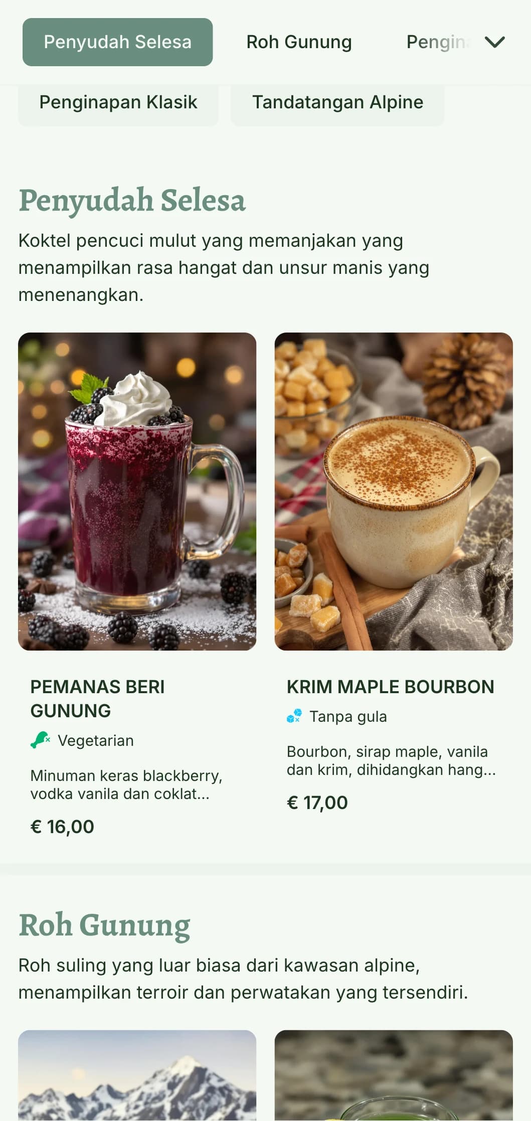 Reka bentuk selesa berinspirasikan gunung untuk bar resort ski dan rumah persinggahan alpine yang menampilkan unsur-unsur semula jadi yang hangat dan tipografi desa.