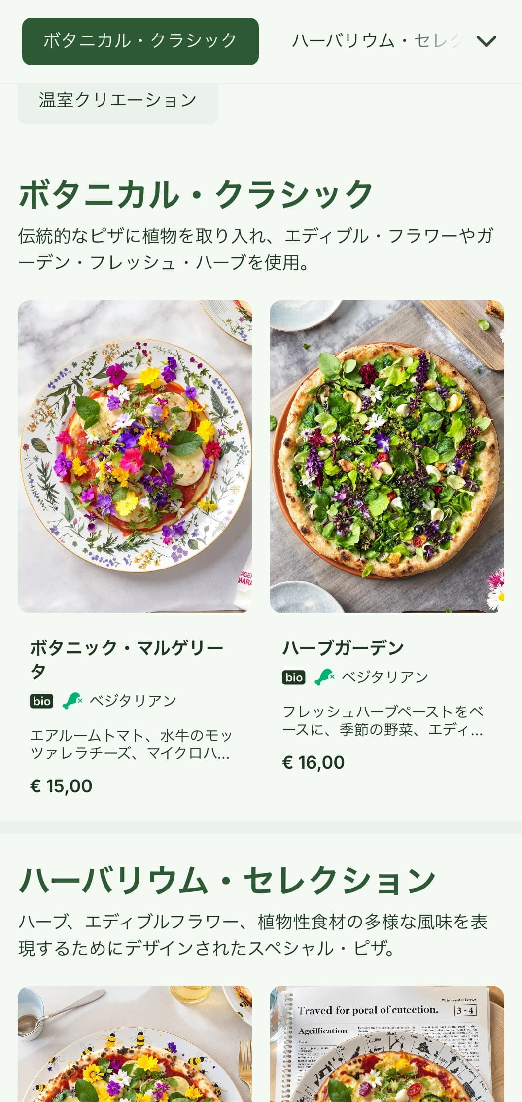 ボタニカルなイラストとナチュラルなデザイン要素を取り入れた、植物由来のピザメニュー。