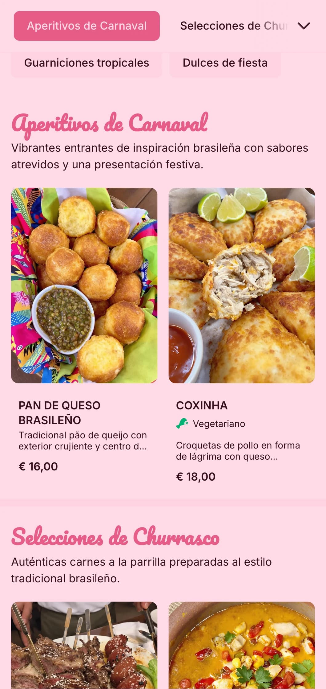 Enérgico catering de inspiración brasileña con carnes a la parrilla, elementos tropicales y una presentación festiva para celebraciones animadas.