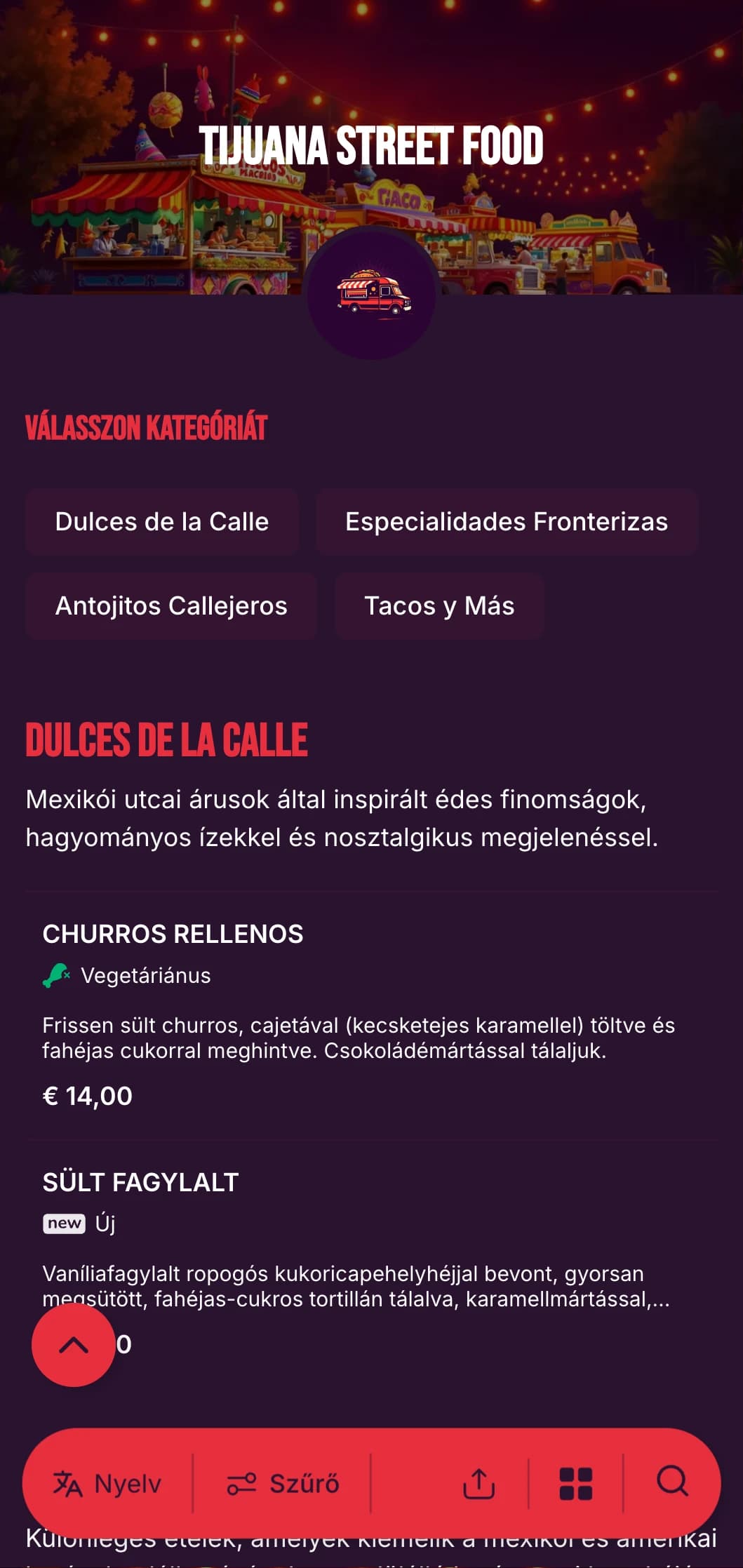 Merész és energikus street food menü, amelyet Tijuana vibráló étterme ihletett, élénk színekkel, laza tipográfiával és autentikus taco specialitásokkal.