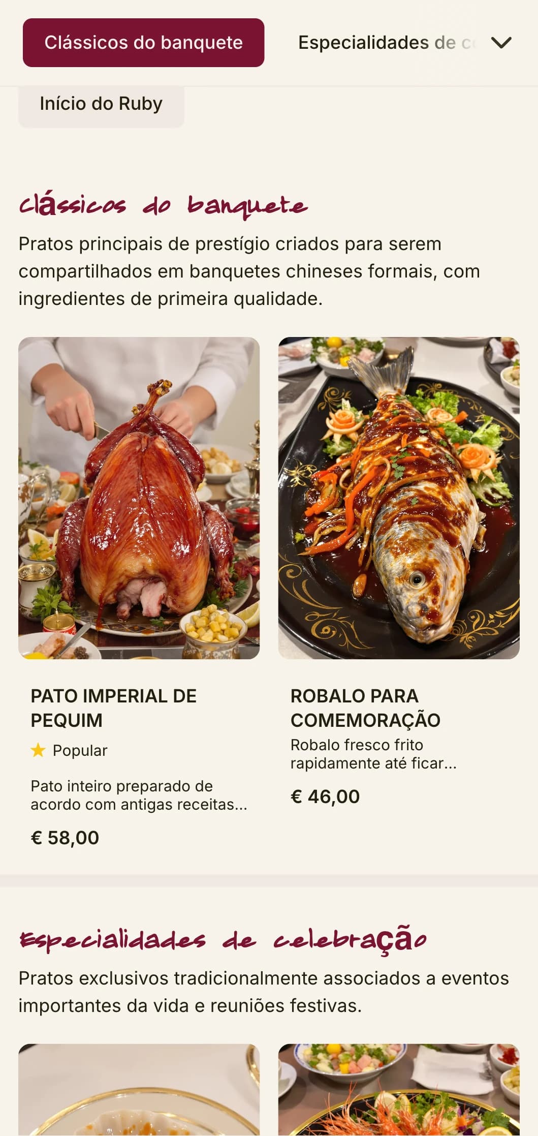 Luxuoso design de cardápio chinês inspirado em banquetes imperiais, com detalhes em rubi para uma cozinha festiva e comemorativa.