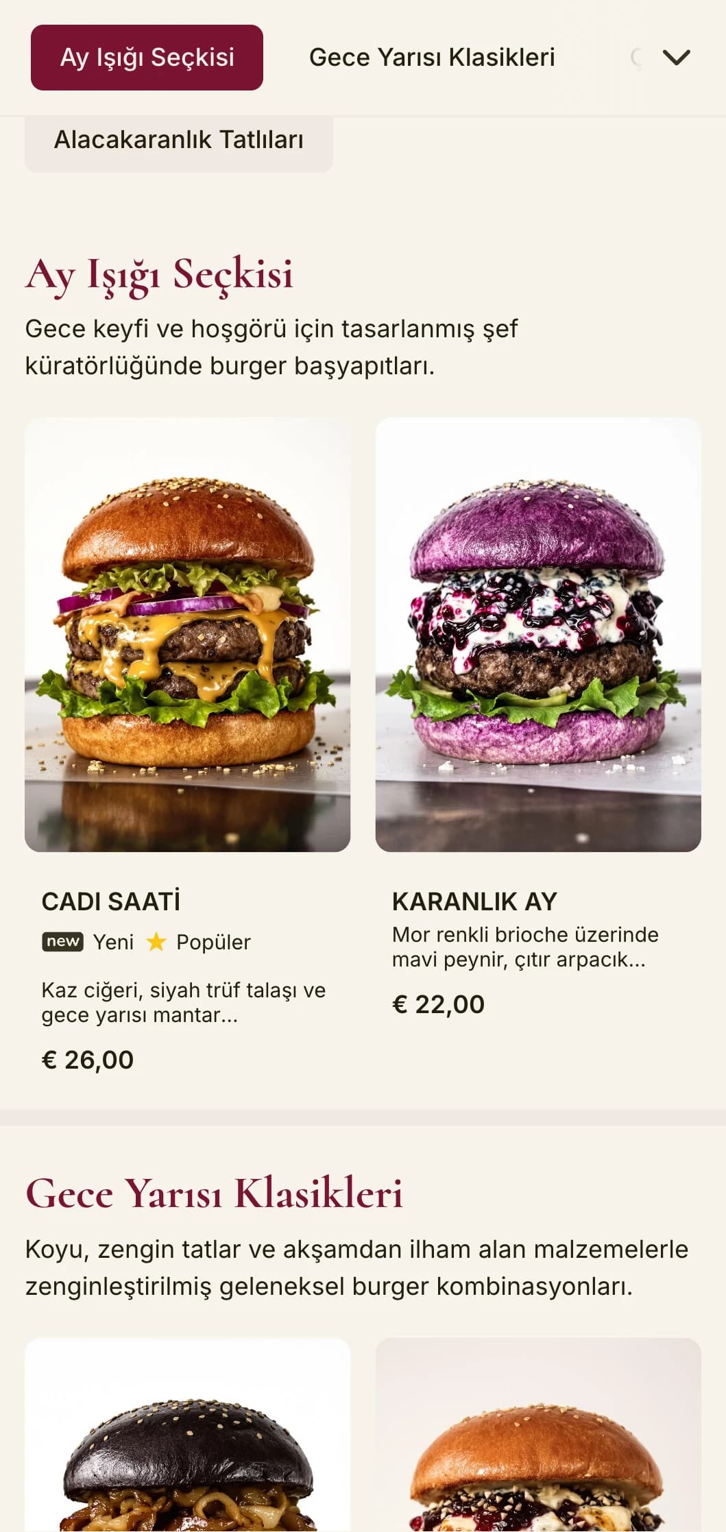 Koyu kadife ve gizemli atmosferi ile gece geç saatlerde premium burger salonu.