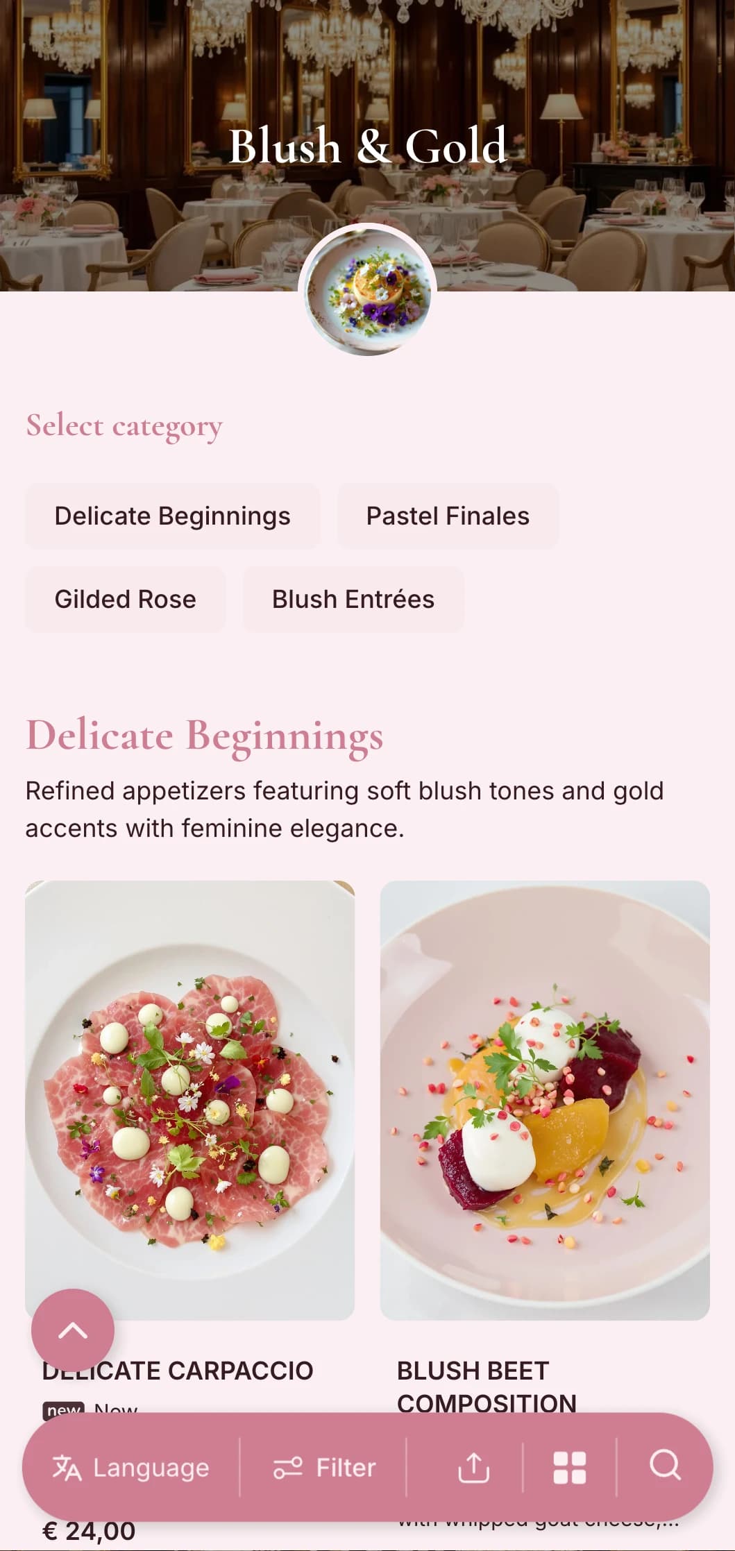 Refined feminine concept featuring soft blush tones with elegant gold accents for a delicate luxury experience.