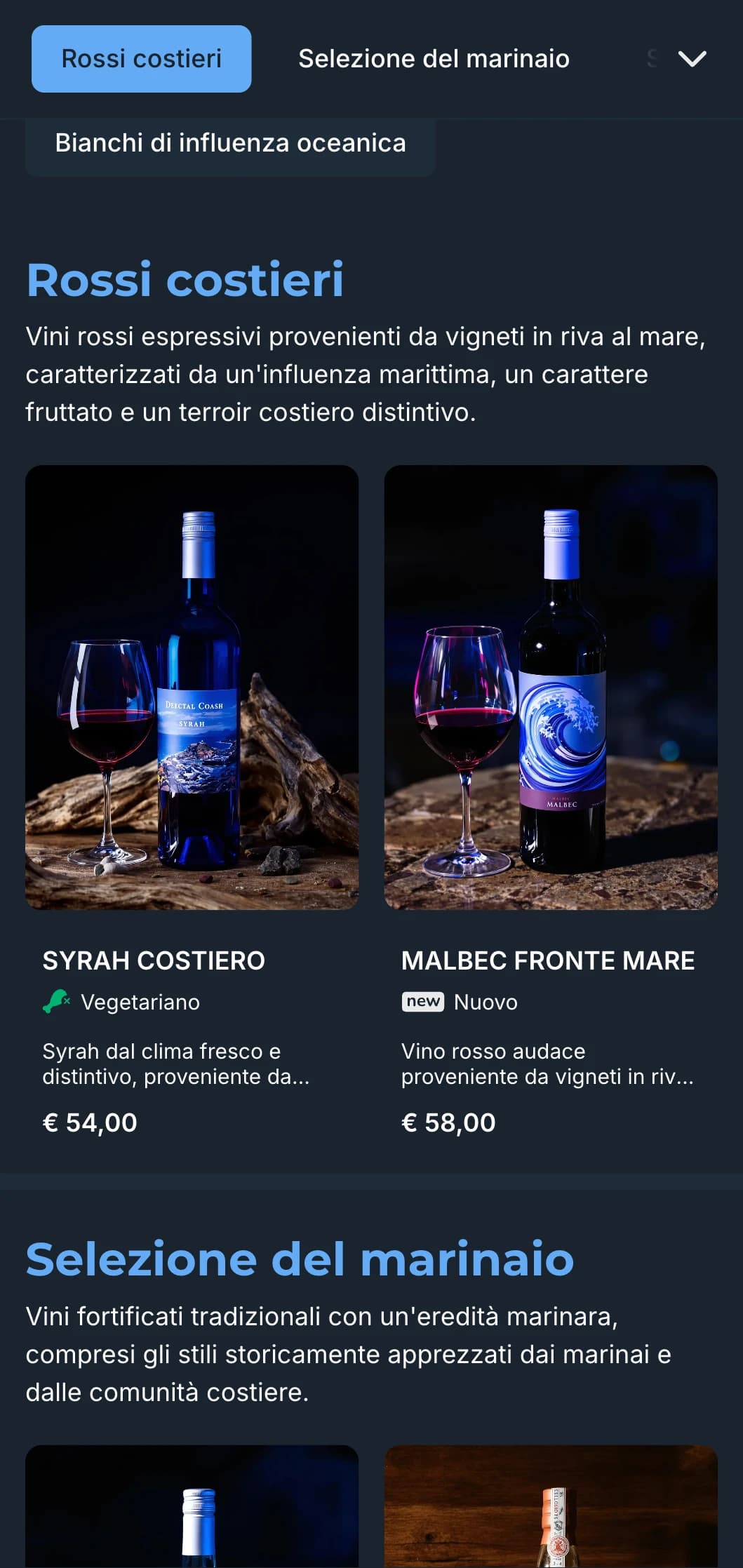 Modello di carta dei vini scura di ispirazione mediterranea con vibranti accenti blu, perfetta per i ristoranti costieri serali e le esperienze enologiche in riva al mare.