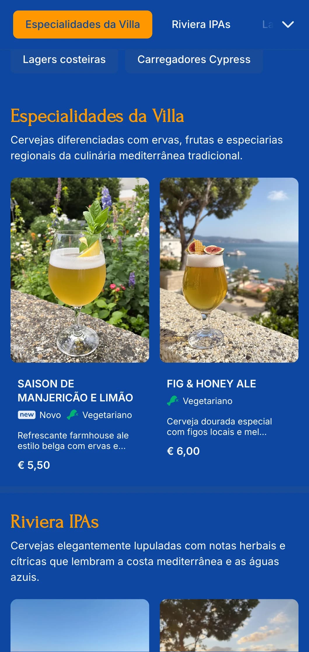 Design claro e arejado inspirado na estética da costa mediterrânea, perfeito para cervejarias à beira-mar e destinos de férias.