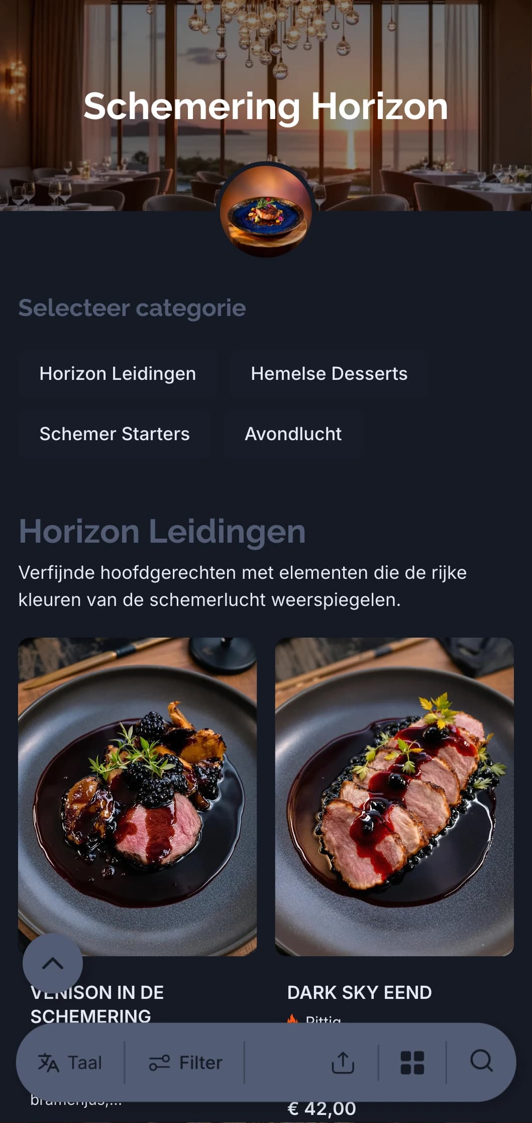 Verfijnd dinerconcept geïnspireerd door de verfijnde kleuren van de schemering en de schemerhemel.