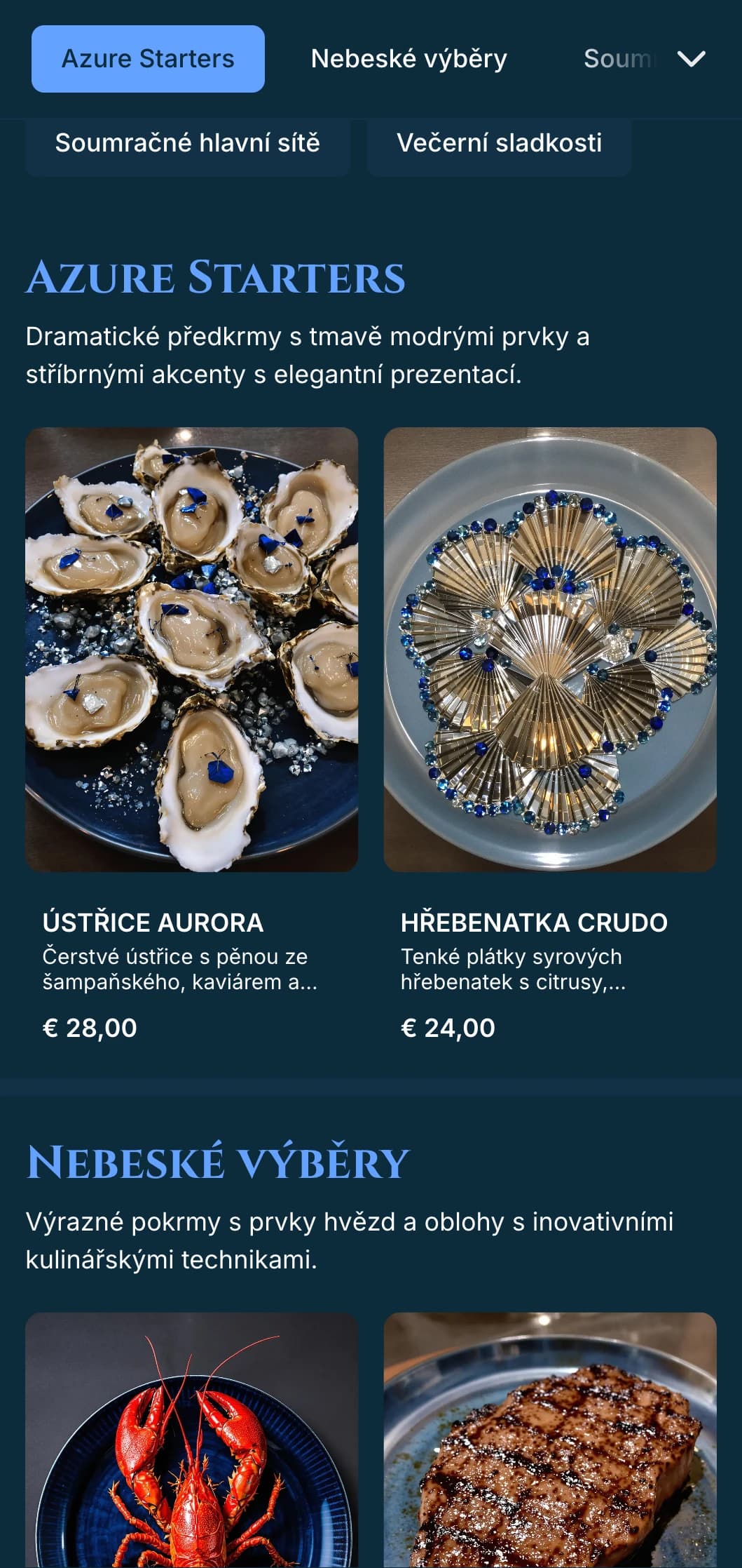 Dramatické tmavě modré jídelní menu s inspirací soumrakem a stříbrnými akcenty, určené pro sofistikované večerní stolování.