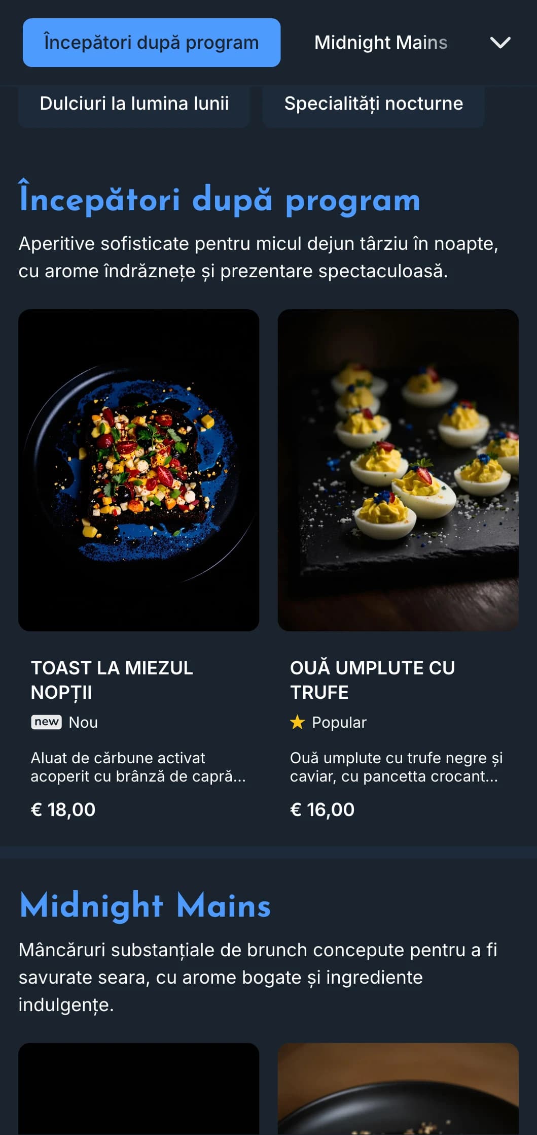 Șablon albastru închis cu accente luminoase, perfect pentru oferte de brunch târziu în noapte și cafenele after-hours.
