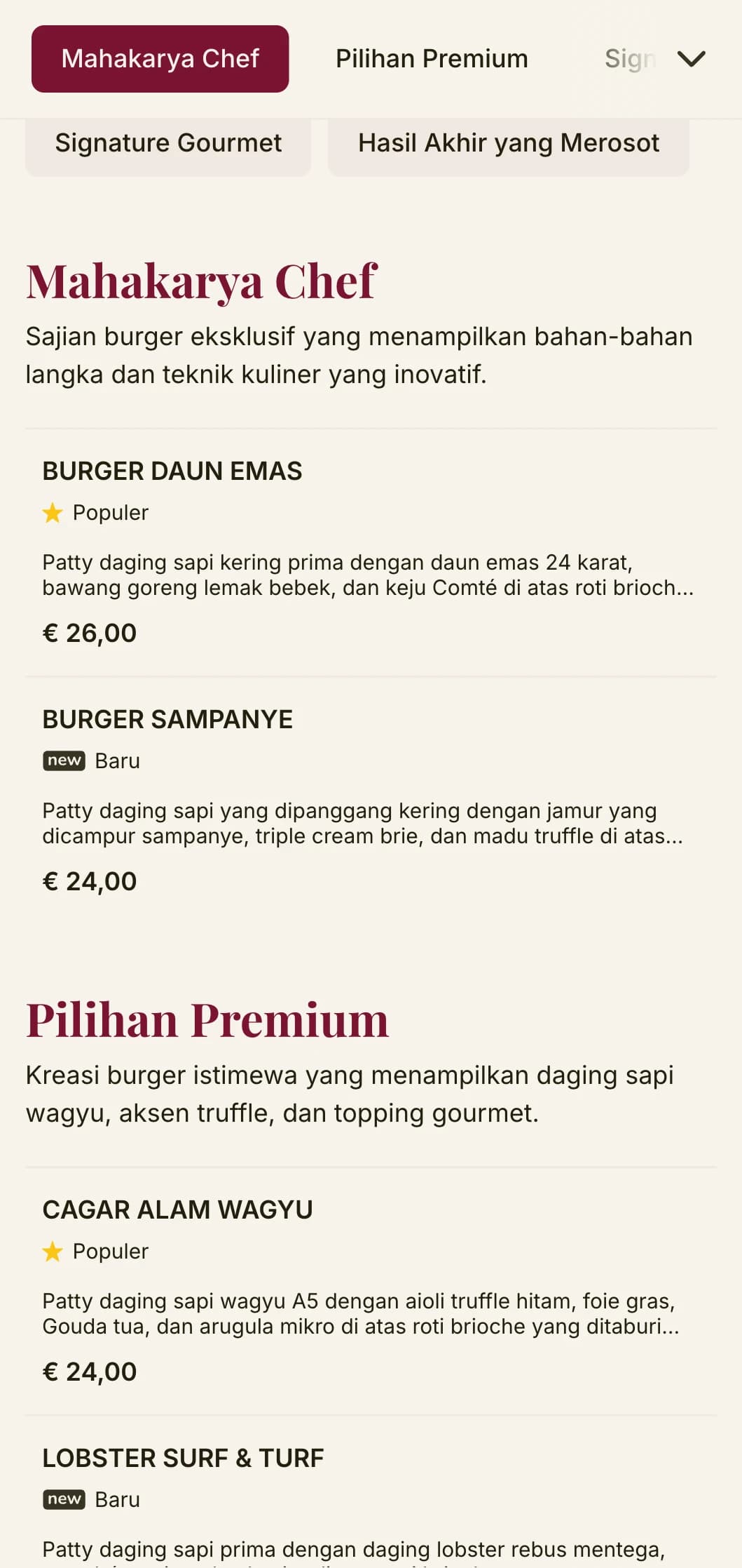 Bersantap burger mewah dengan tipografi premium dan palet warna yang kaya untuk pengalaman burger kelas atas.