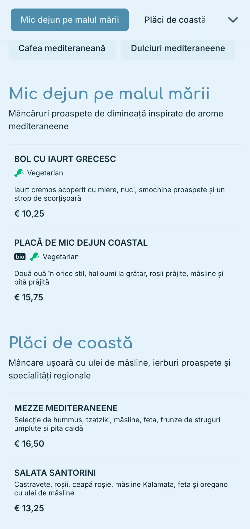 Paletă albastră răcoritoare inspirată de apele mediteraneene pentru cafenele și bistrouri de pe malul mării.