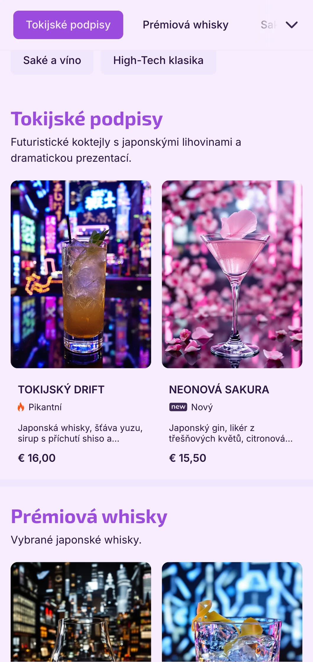 Sytě fialový a černý design s technickými prvky pro futuristické bary inspirované Japonskem.