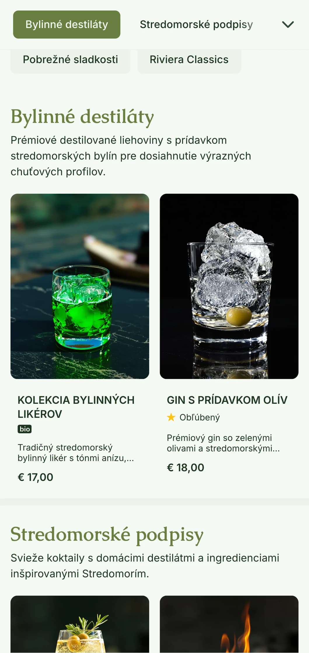 Dizajn inšpirovaný Stredomorím pre bary špecializujúce sa na bylinné likéry a botanické koktaily s olivovo zelenými tónmi.