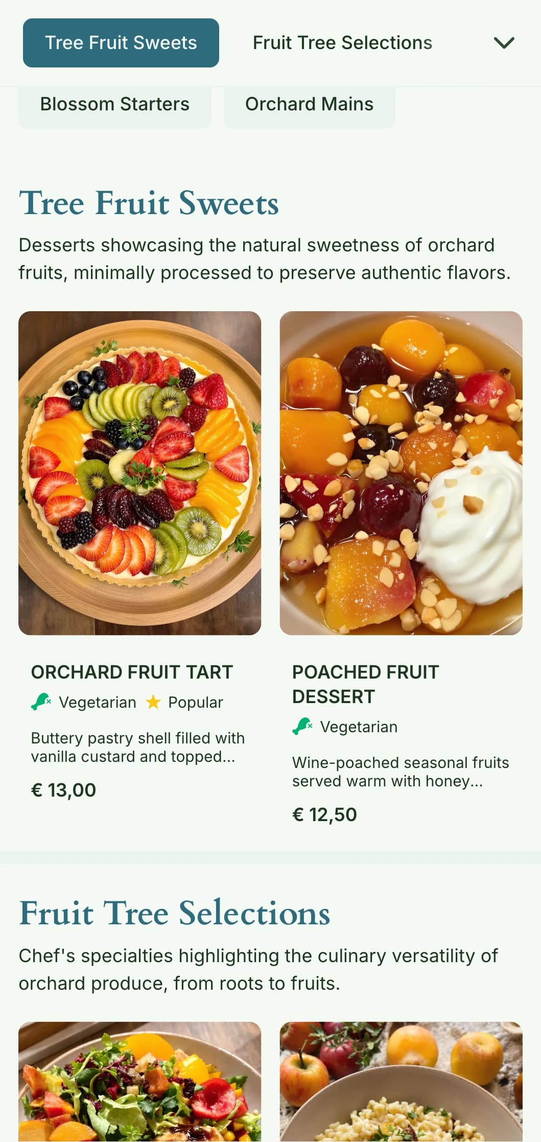 Fruitful, orchard-inspired lunch menu design with seasonal elements and natural abundance, ideal for restaurants using tree fruits and orchard products.