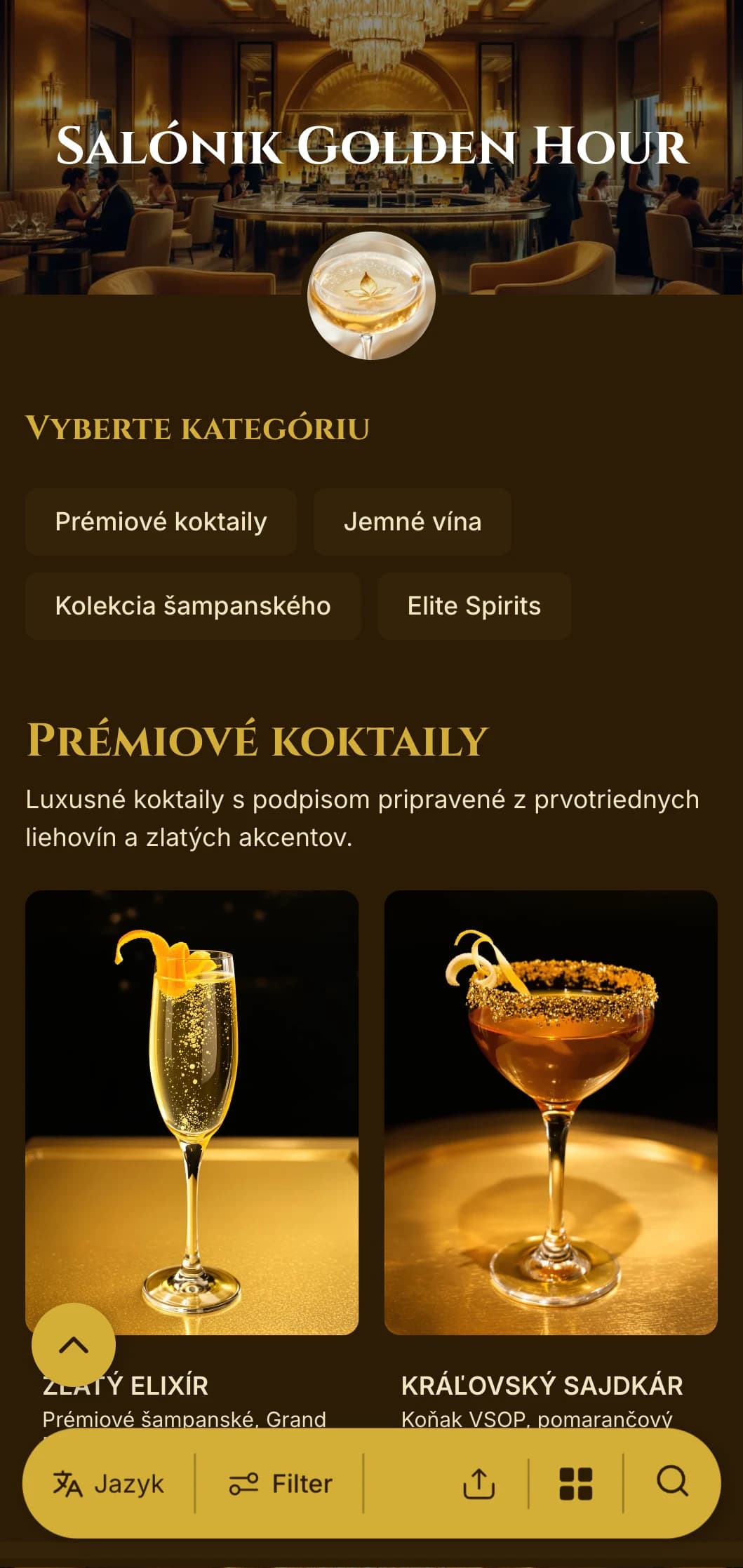 Luxusný dizajn v zlatom odtieni pre prémiové koktailové bary a VIP salóniky.