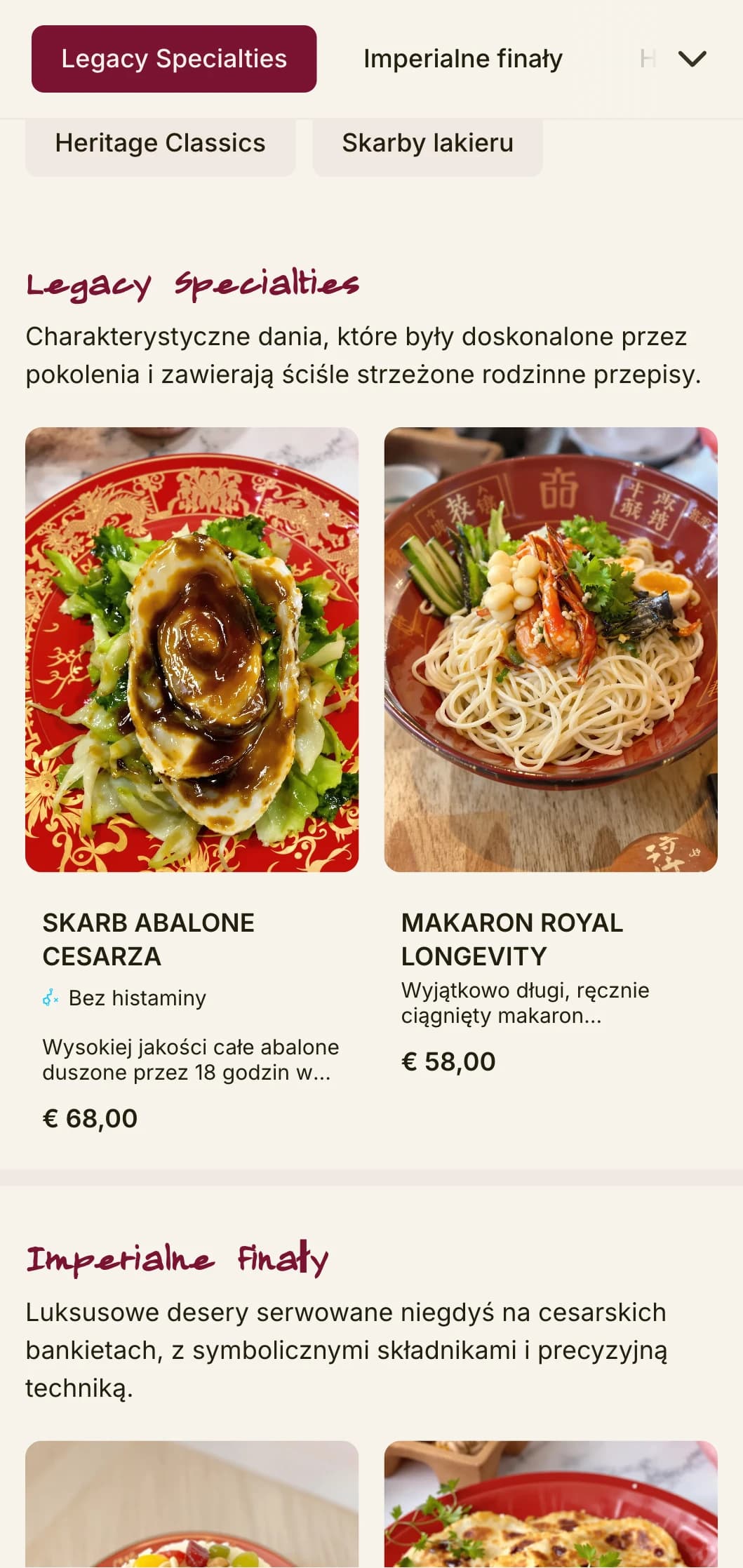 Luksusowe chińskie menu inspirowane tradycyjnymi naczyniami z laki, w bogatej kolorystyce, przeznaczone do dań kuchni tradycyjnej i na specjalne okazje.