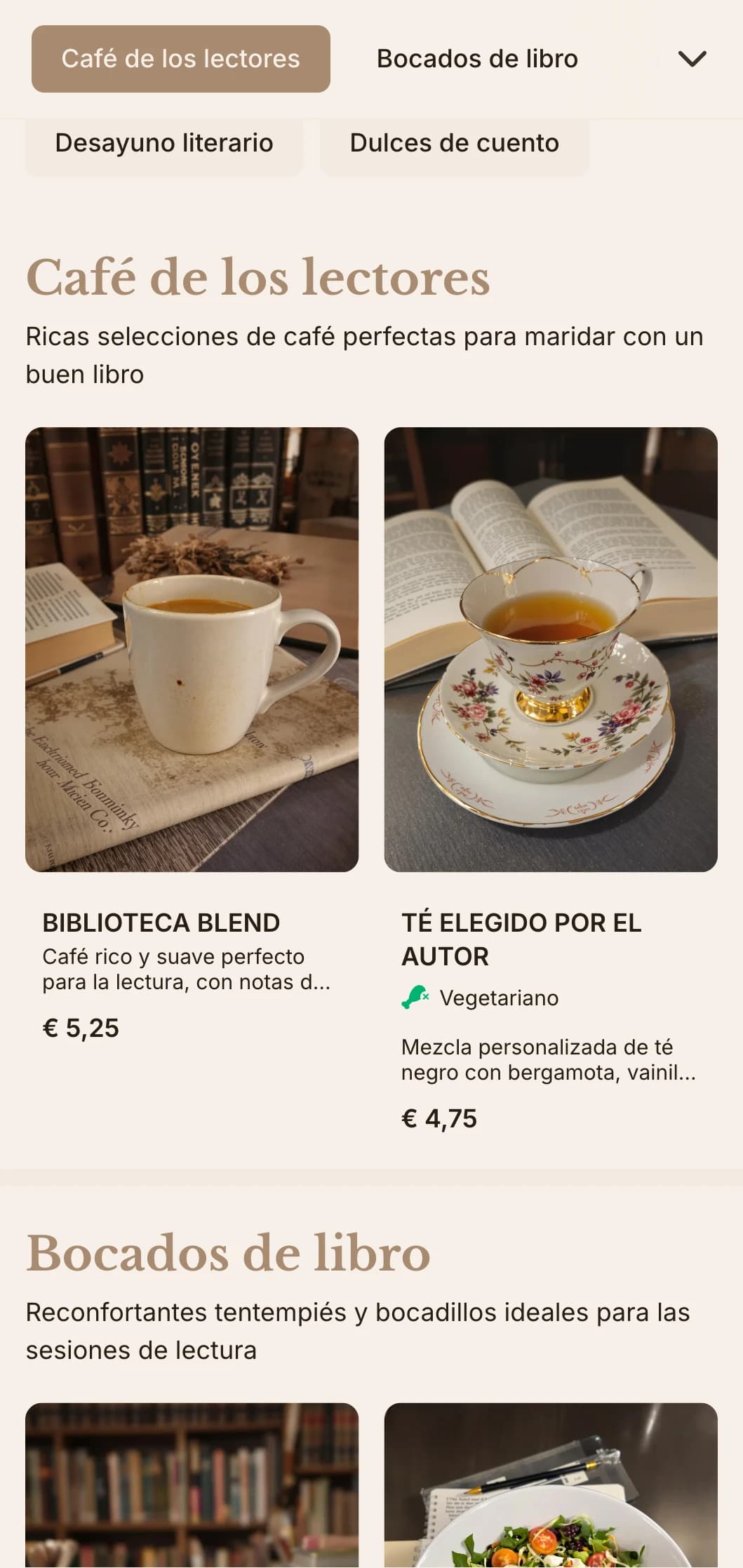 Cálido diseño marrón con elementos literarios para cafeterías de librerías y espacios de lectura.