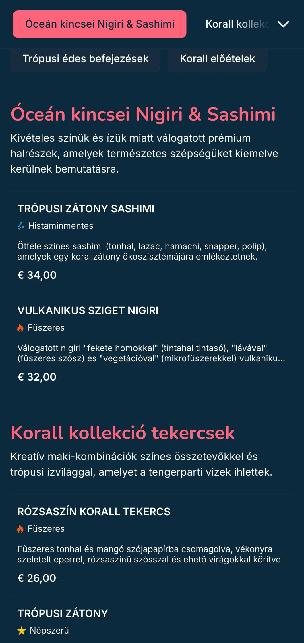 Élénk, óceán ihlette sushi menü, korallrózsaszín akcentusokkal a mélykék háttér előtt, tökéletes a tenger gyümölcsei specialisták számára.