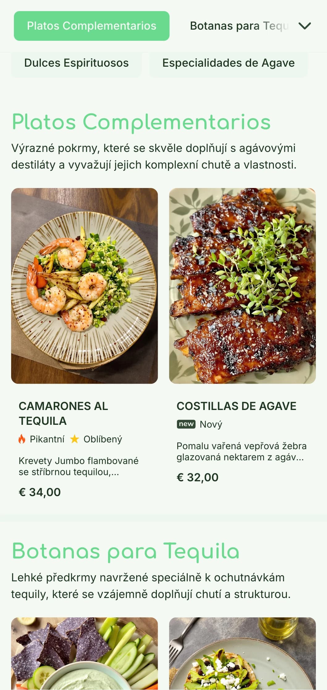 Svěží a sofistikované menu tequila baru s jasně zelenými akcenty agáve, botanickými prvky a prémiovými destiláty s párovanými sousty.