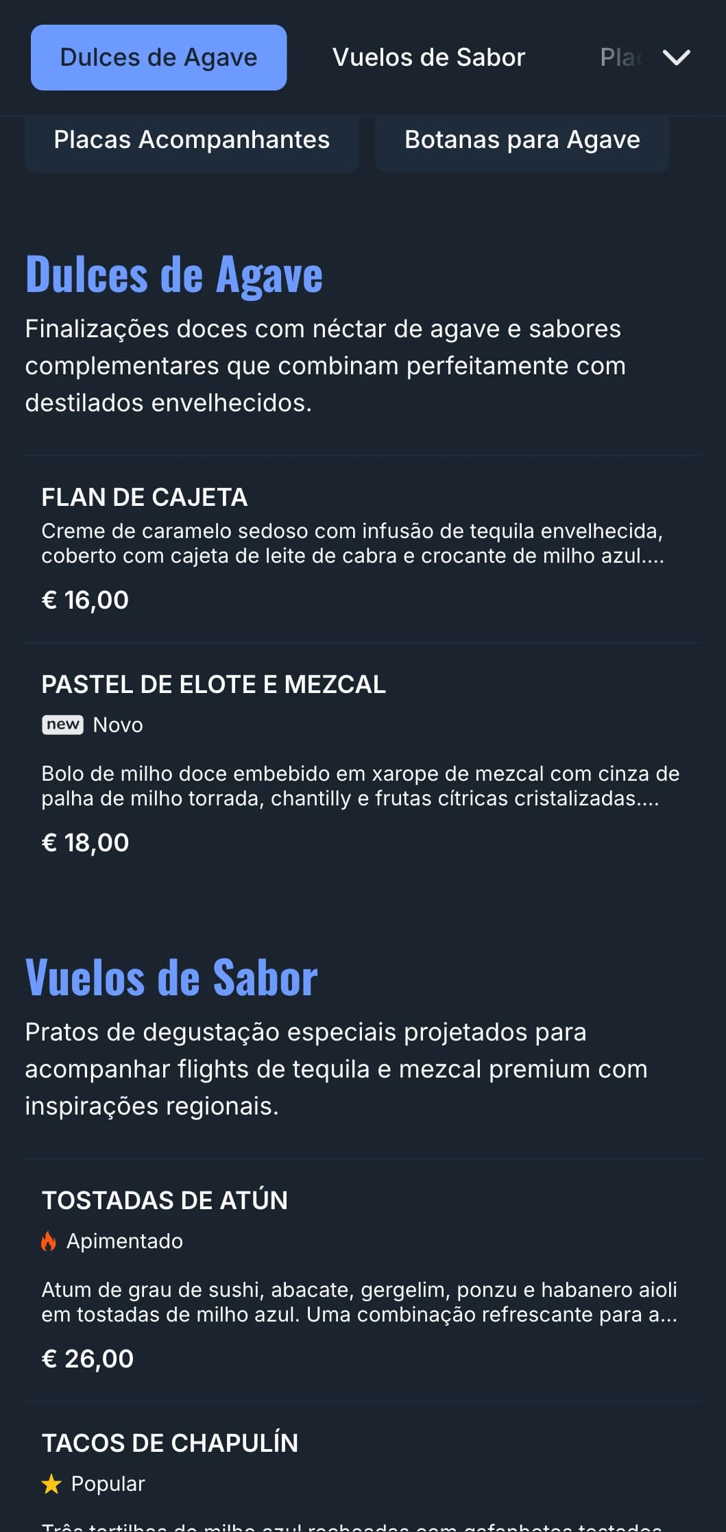 Menu de bar sofisticado focado em ofertas de tequila e mezcal premium com toques de agave azul, elementos de fumaça e antojitos mexicanos combinados.