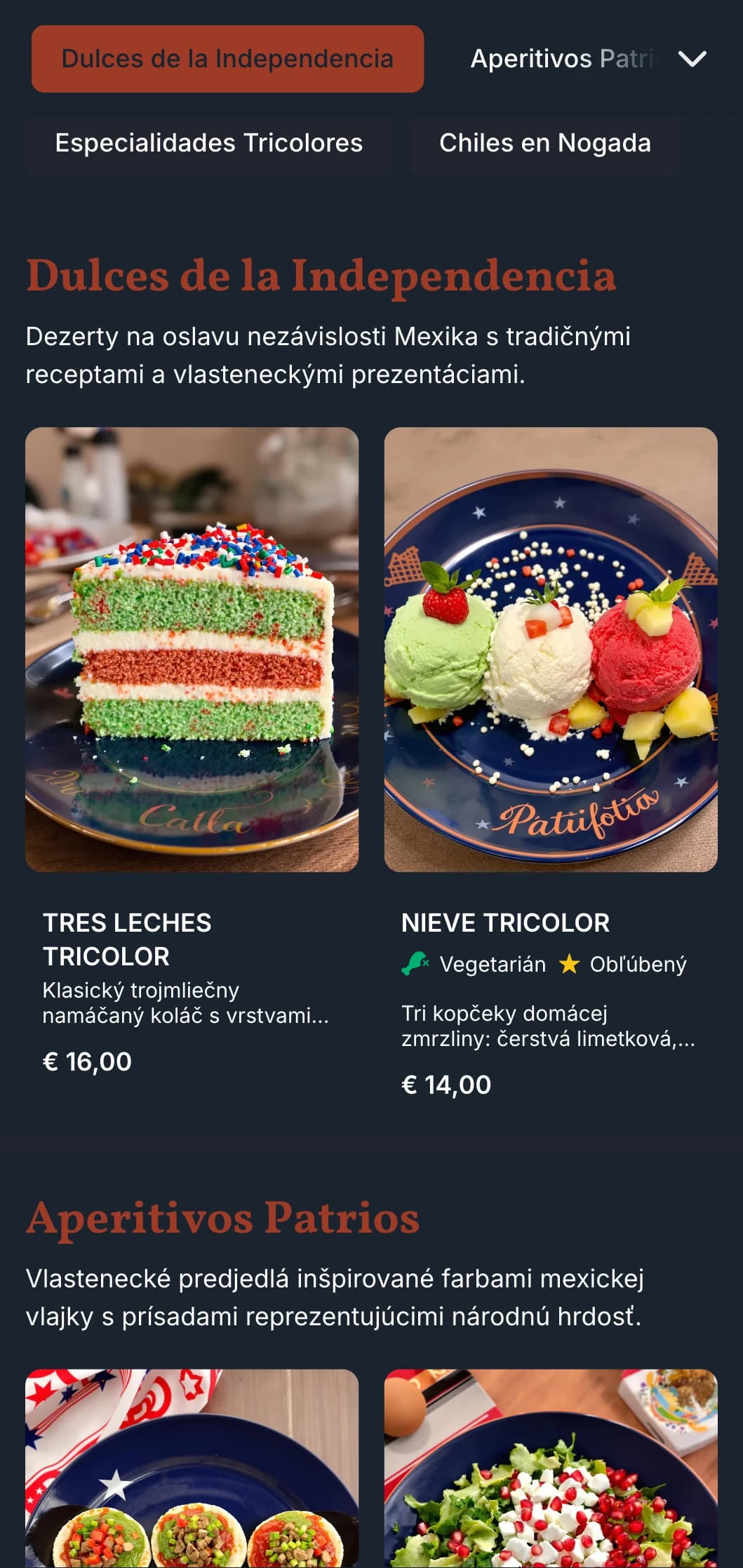 Vlastenecké a slávnostné menu na oslavu nezávislosti Mexika s terakotovými, zelenými a bielymi prvkami a sezónnymi špecialitami.