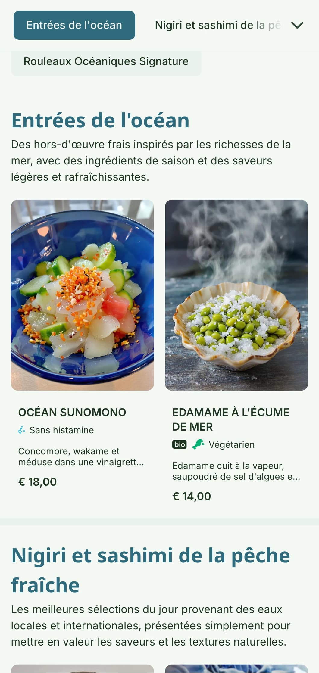 Un menu de sushi frais et dynamique inspiré des couleurs de l'océan, avec une palette de bleus apaisants, idéal pour les établissements axés sur les fruits de mer.