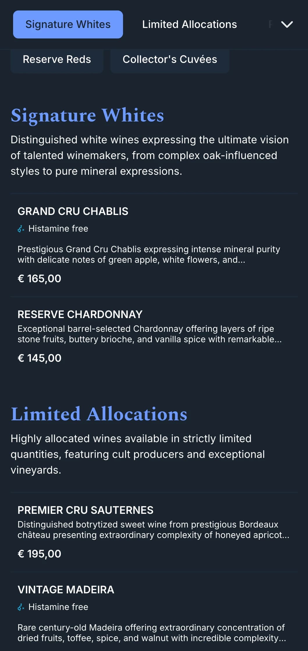 Deeply sophisticated wine list template with striking blue accents against navy backgrounds, ideal for premium wine bars and evening establishments.