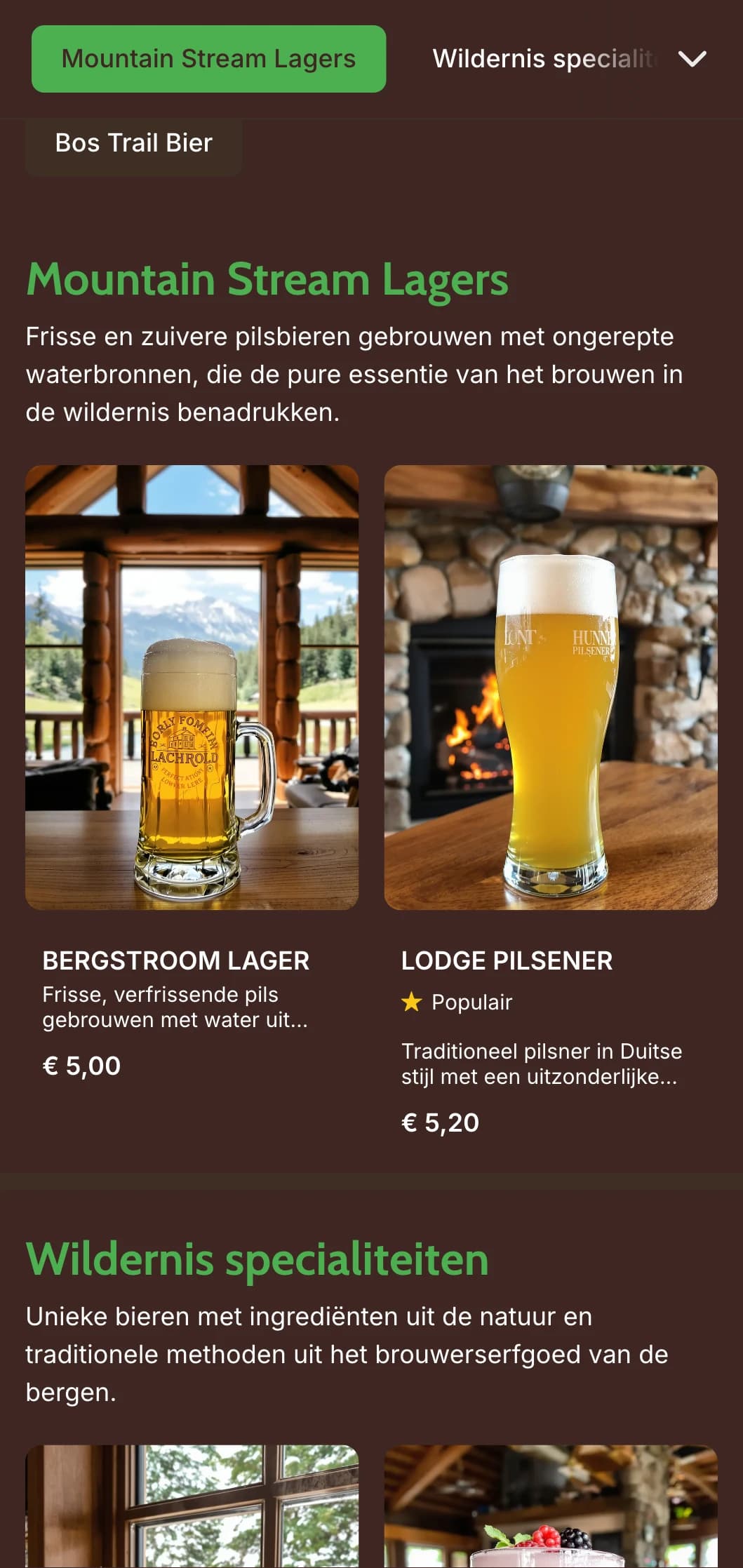 Rustiek en warm ontwerp geïnspireerd door berghutten, met houttexturen en outdoorelementen voor brouwerijen met wildernisthema.