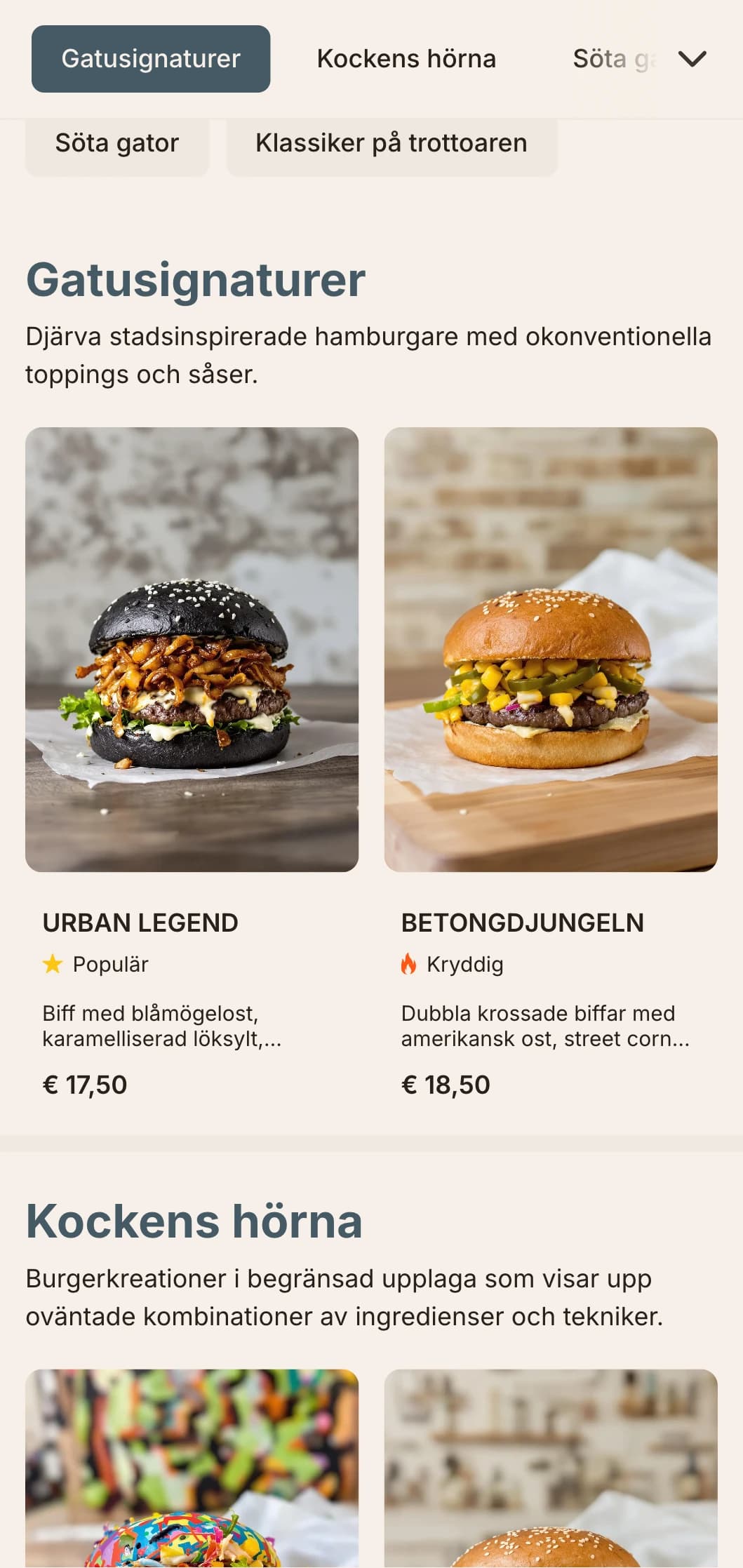 Urban street food-inspirerad design med starka kontraster och inslag av gatukonst för en modern och avslappnad hamburgerupplevelse.
