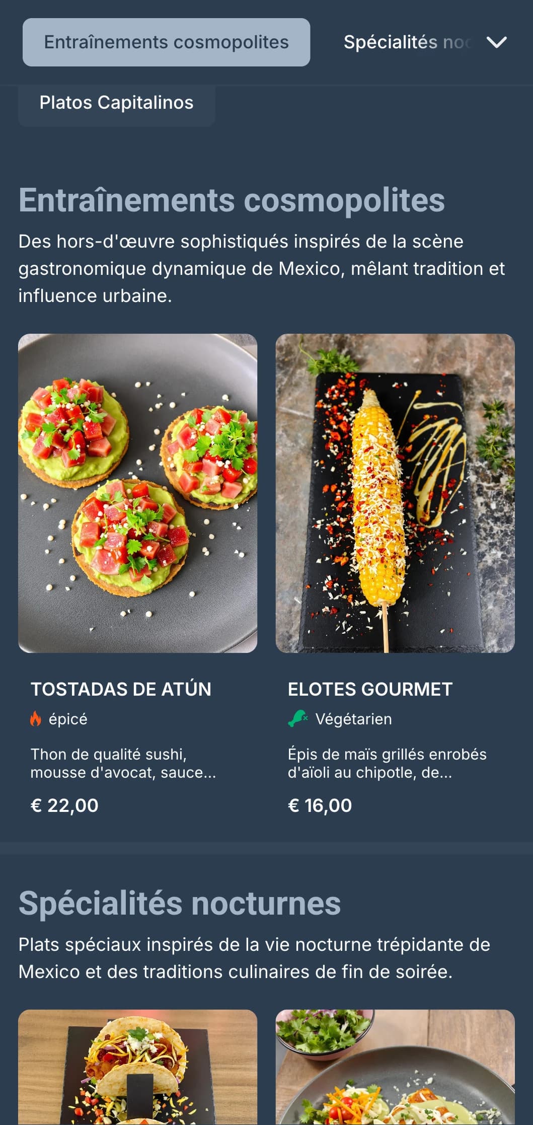 Menu mexicain cosmopolite inspiré de la vie nocturne trépidante de Mexico, avec des tons gris-bleu élégants, une imagerie urbaine et une cuisine contemporaine.