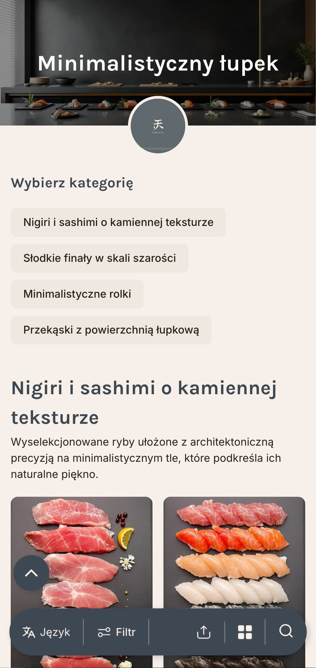 Czyste, współczesne menu sushi w łupkowo-szarych odcieniach i minimalistycznym designie dla ekskluzywnych lokali typu casual.