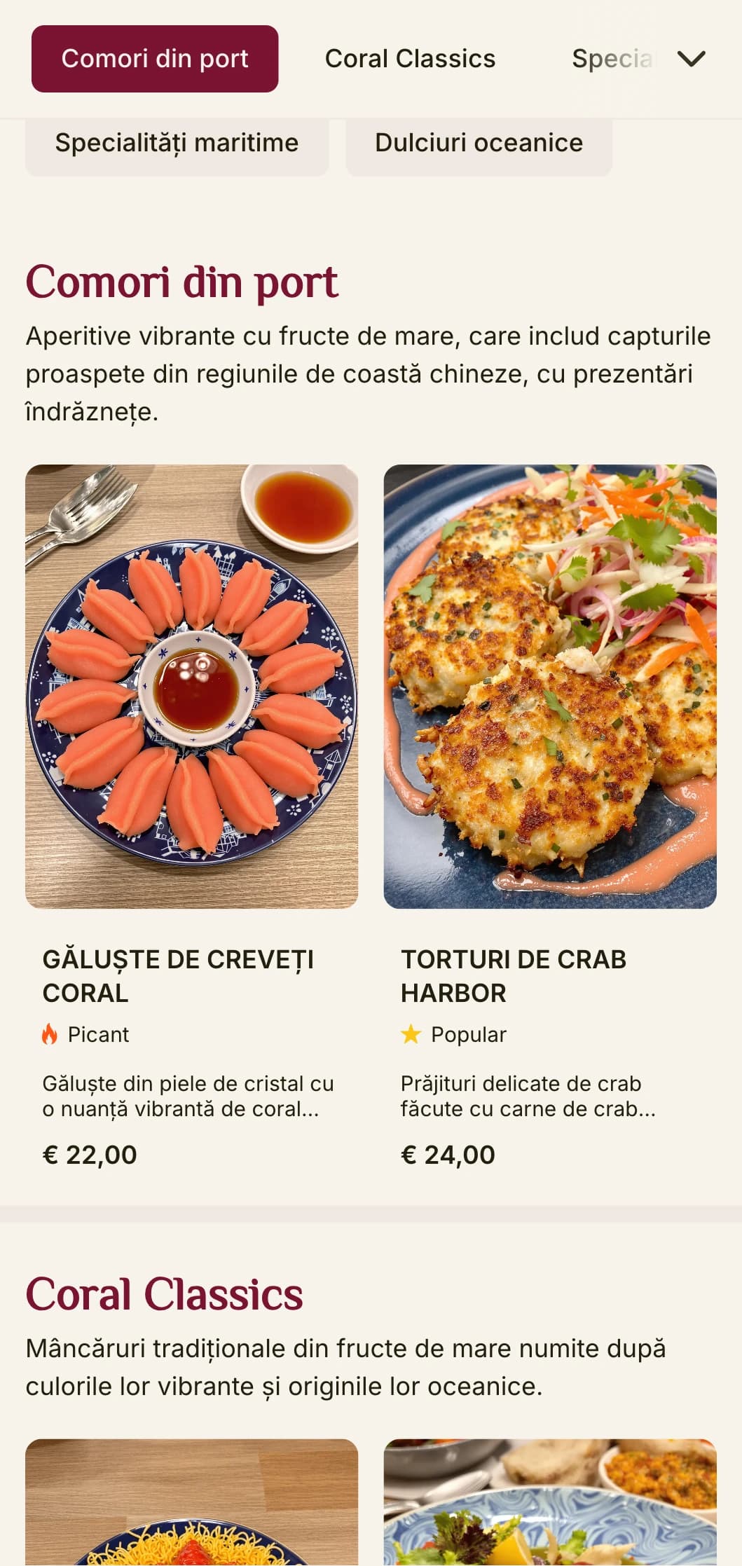 Design de meniu chinezesc vibrant inspirat de estetica coralilor și a portului, cu culori îndrăznețe pentru restaurantele cu fructe de mare.