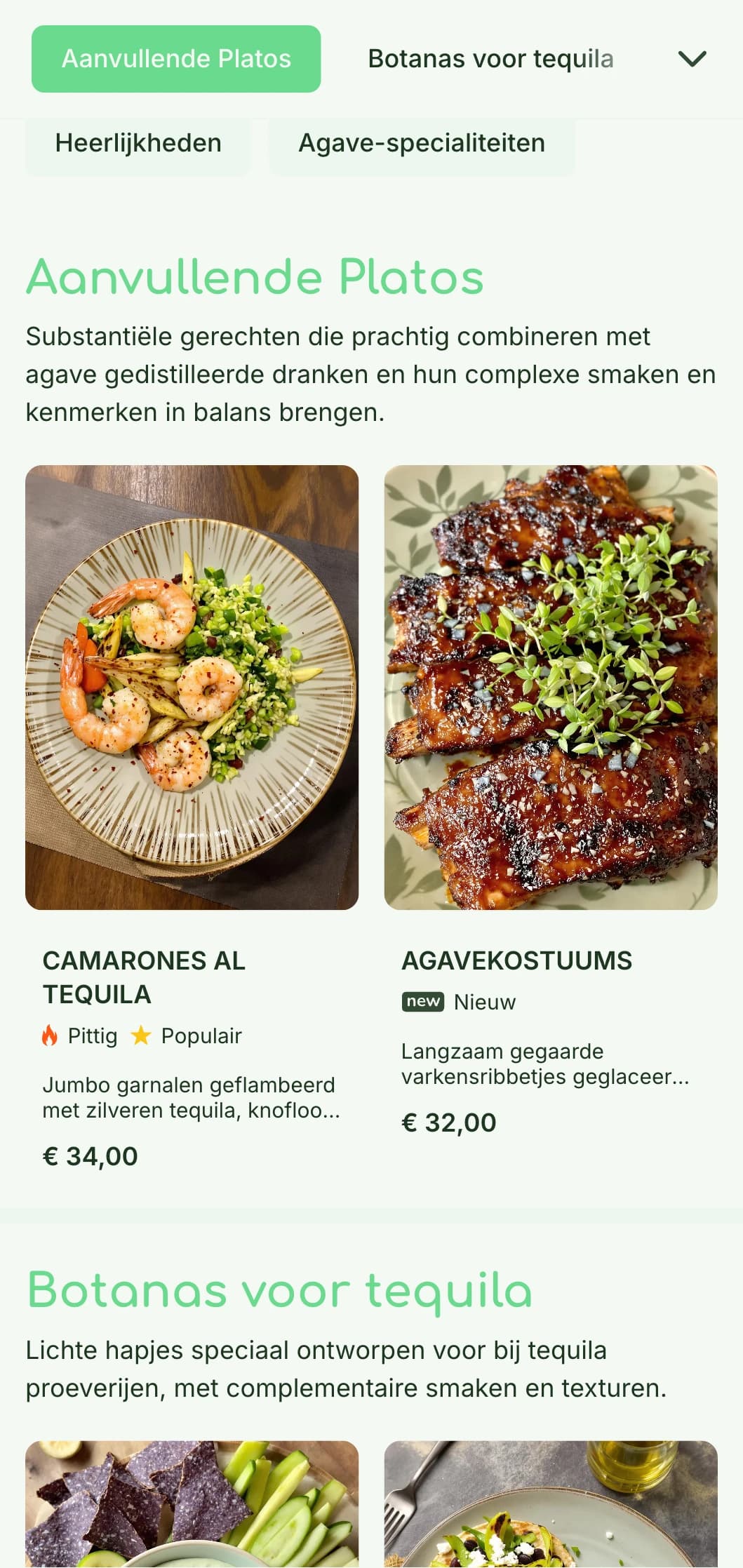 Fris en verfijnd tequilabarmenu met heldergroene agave-accenten, botanische elementen en premium spiritvluchten met bijpassende hapjes.