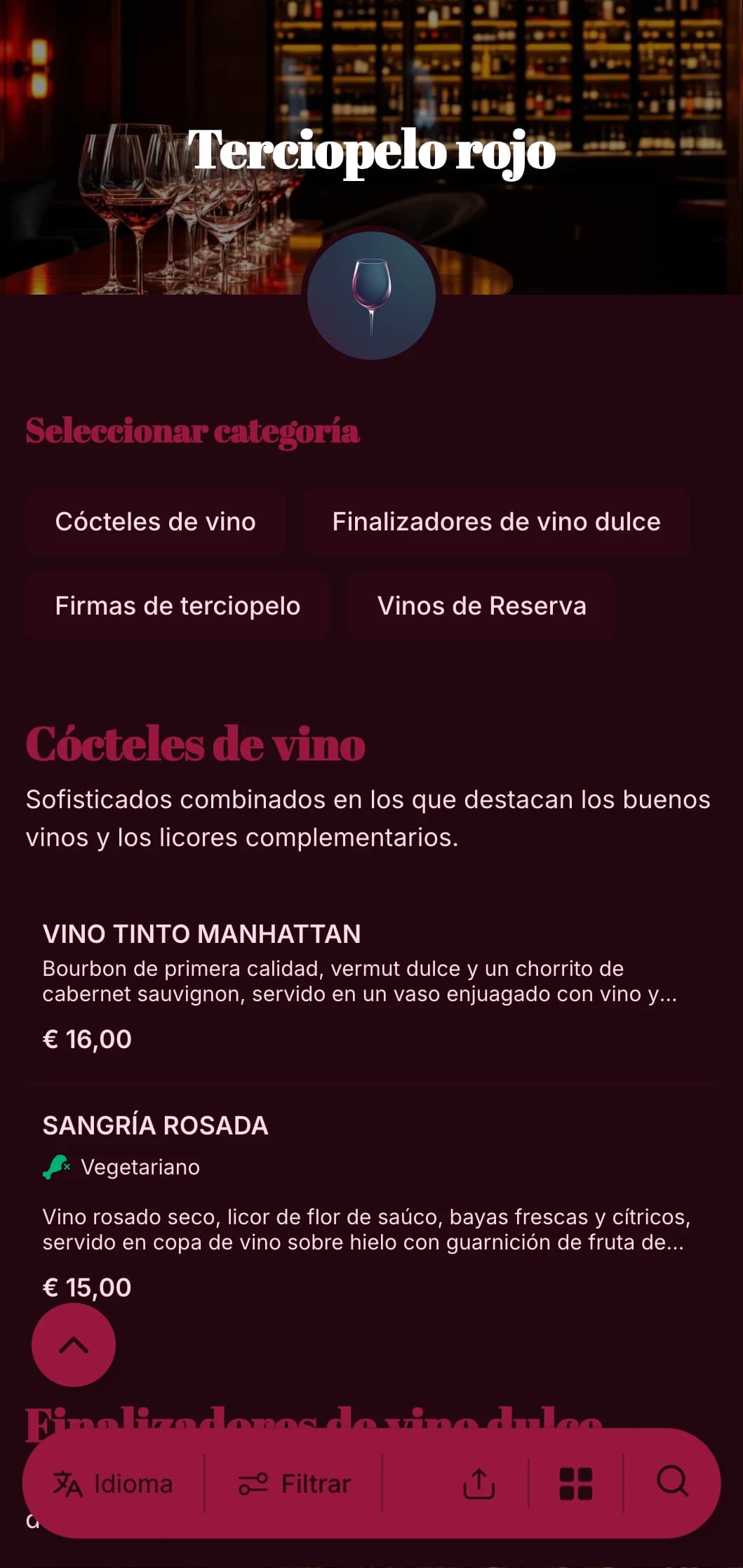 Un diseño lujoso y espectacular para vinotecas y salones de lujo, con tonos rojos intensos y una tipografía atrevida.